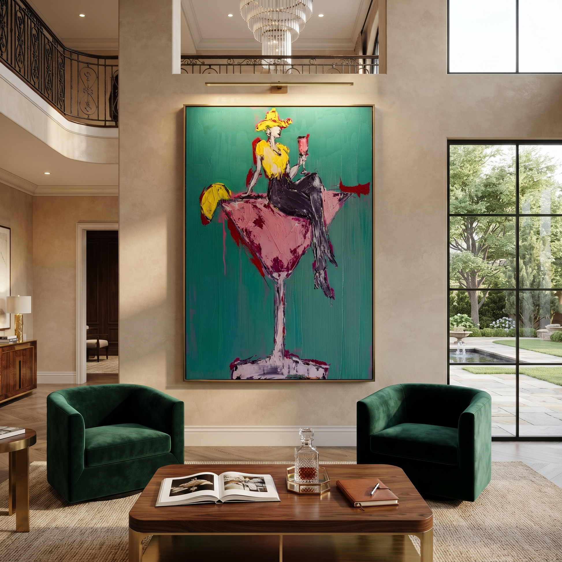 Golden Cowgirl Holds Rose - cowgirl martini glass painting by Ethan Mercer, contemporary Western vertical wall art – styled room scene view 2
