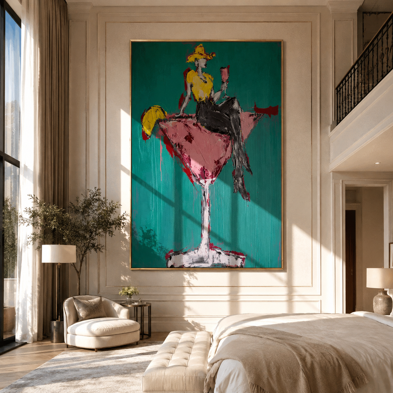 Golden Cowgirl Holds Rose - cowgirl martini glass painting by Ethan Mercer, contemporary Western vertical wall art – styled room scene view 3