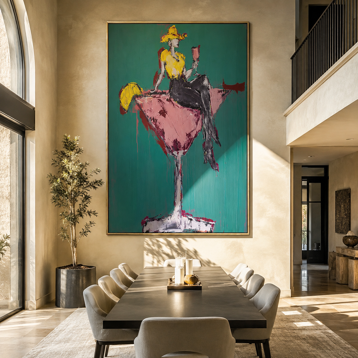 Golden Cowgirl Holds Rose - cowgirl martini glass painting by Ethan Mercer, contemporary Western vertical wall art – styled room scene view 4