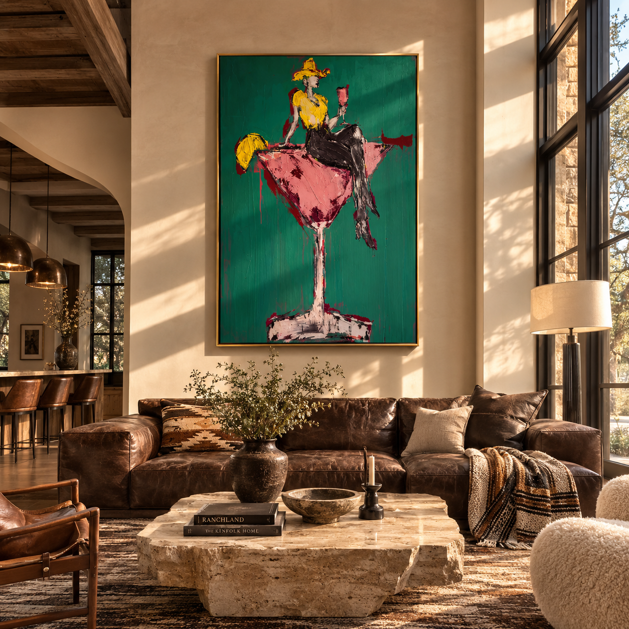 Golden Cowgirl Holds Rose - cowgirl martini glass painting by Ethan Mercer, contemporary Western vertical wall art – styled room scene view 5