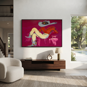 Red Shirt Dreams Sideways - reclining cowgirl painting by Ethan Mercer, contemporary Western horizontal wall art – styled room scene view 1