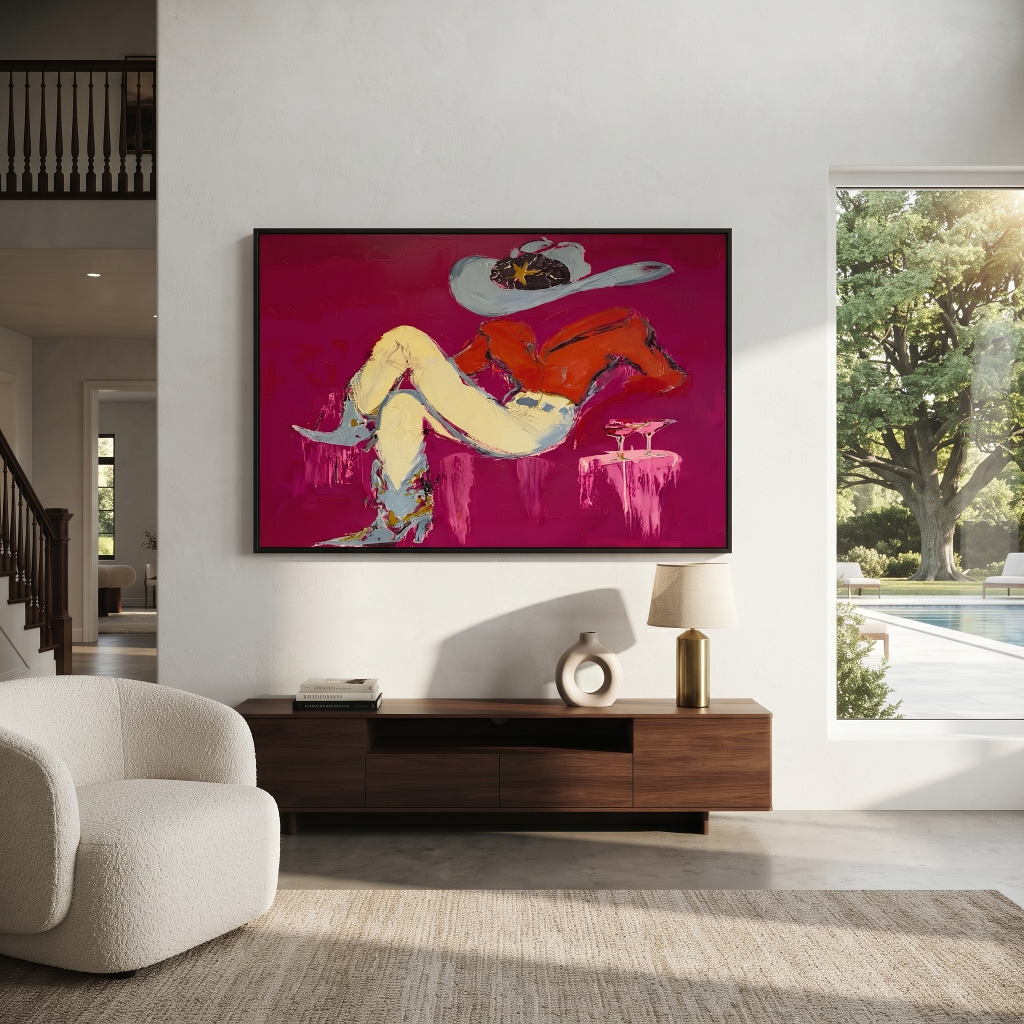 Red Shirt Dreams Sideways - reclining cowgirl painting by Ethan Mercer, contemporary Western horizontal wall art – styled room scene view 1