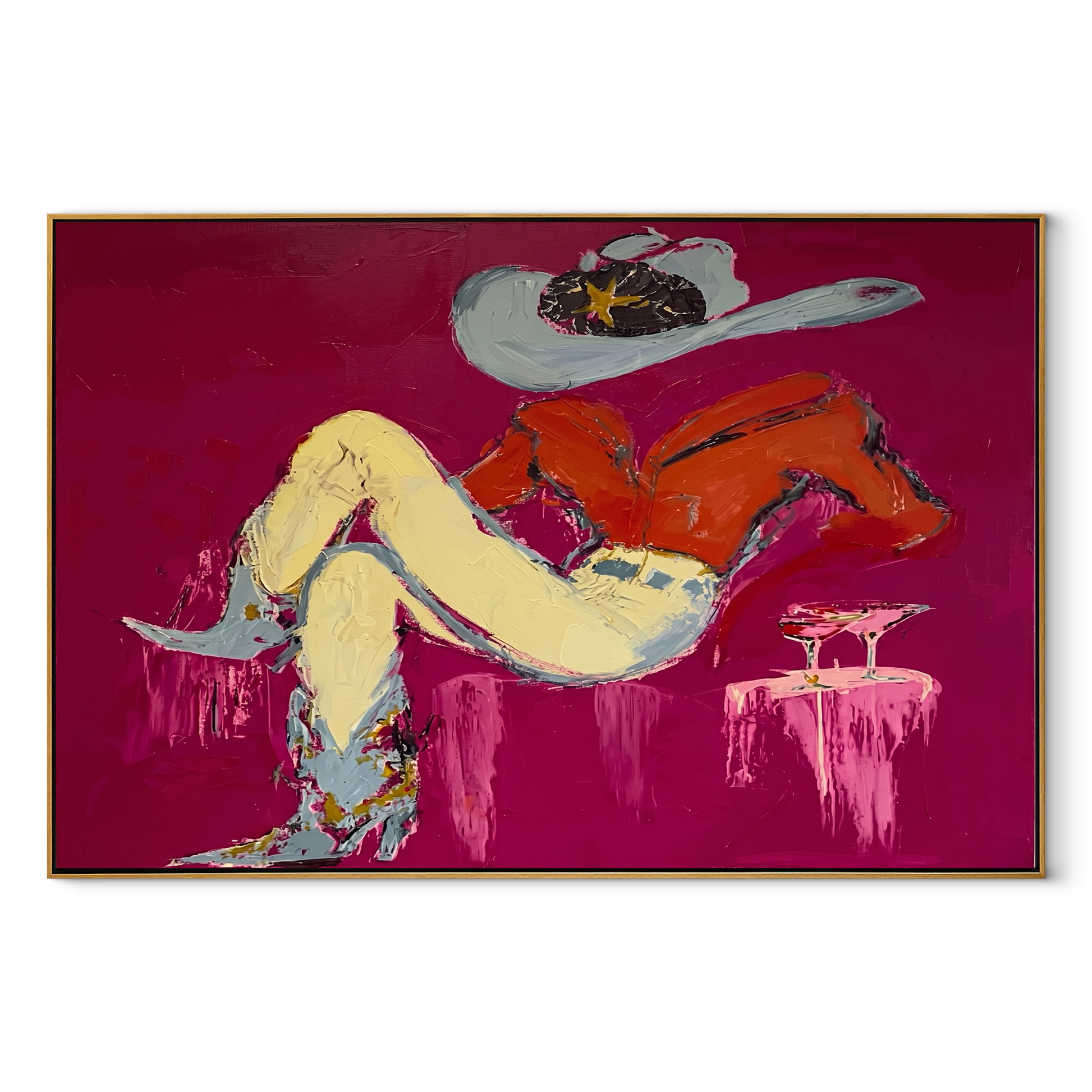 Red Shirt Dreams Sideways - reclining cowgirl painting by Ethan Mercer, contemporary Western horizontal wall art – wood frame on white background