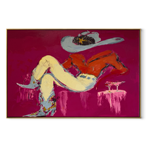 Red Shirt Dreams Sideways - reclining cowgirl painting by Ethan Mercer, contemporary Western horizontal wall art – wood frame on white background