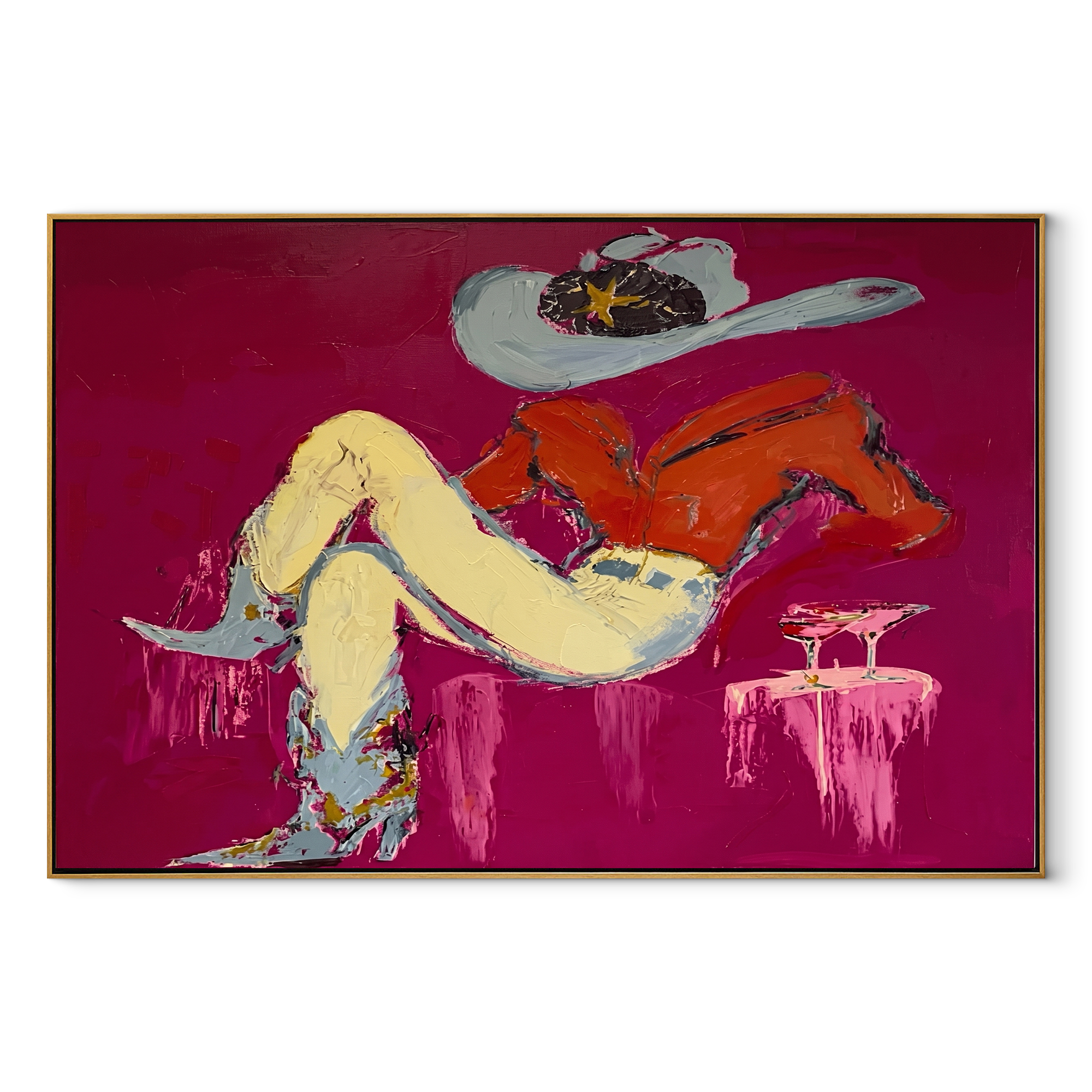 Red Shirt Dreams Sideways - reclining cowgirl painting by Ethan Mercer, contemporary Western horizontal wall art – wood frame on white background