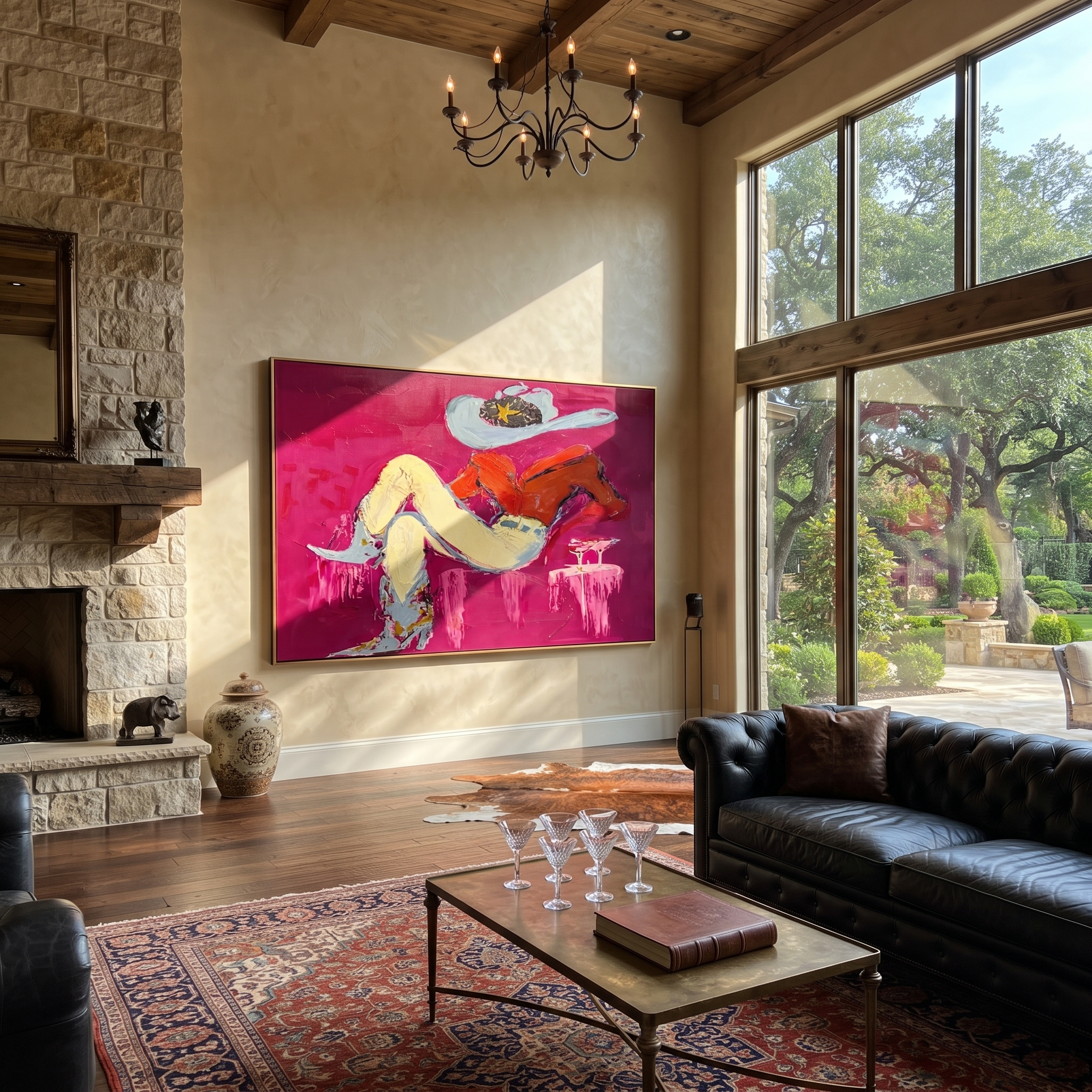 Red Shirt Dreams Sideways - reclining cowgirl painting by Ethan Mercer, contemporary Western horizontal wall art – styled room scene view 2