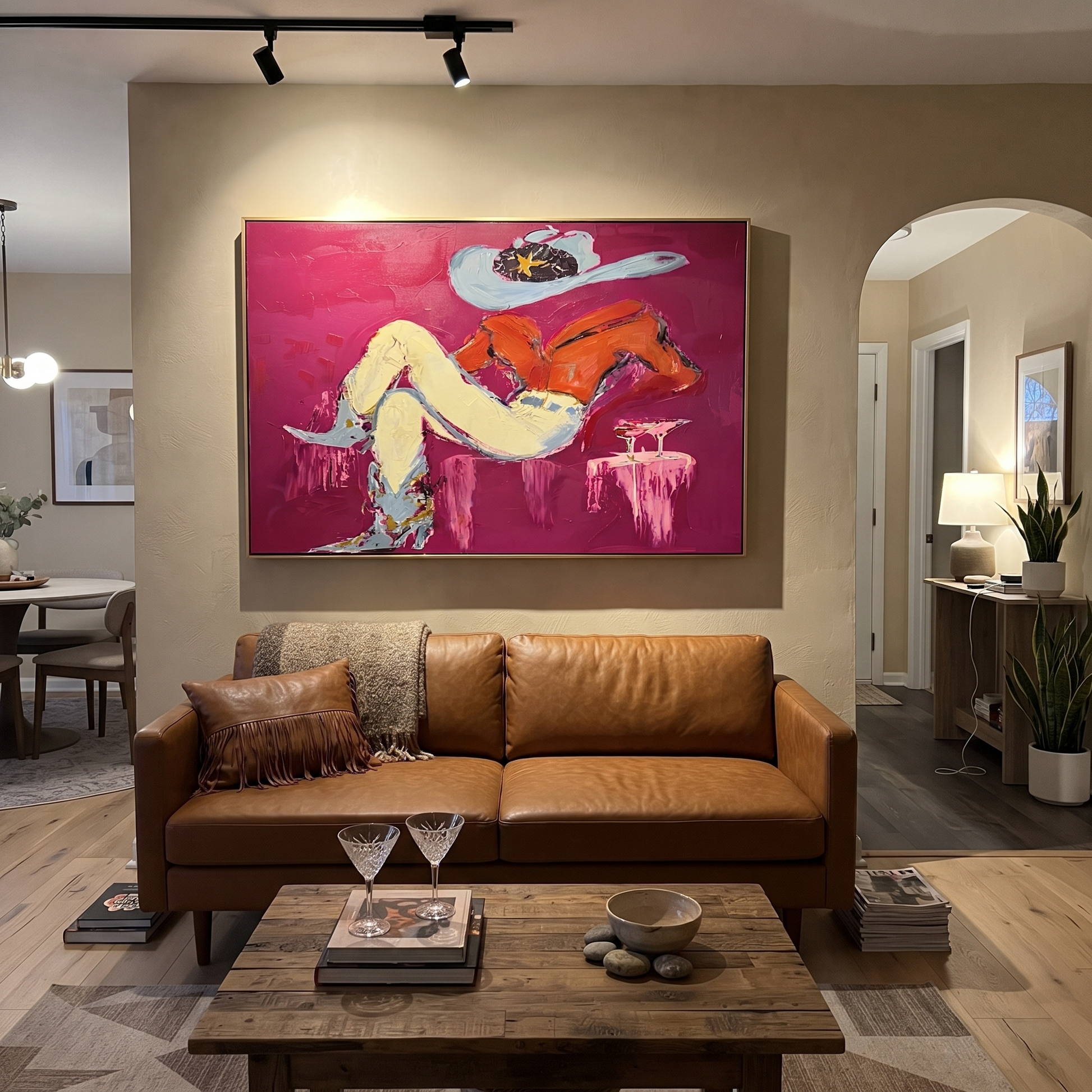 Red Shirt Dreams Sideways - reclining cowgirl painting by Ethan Mercer, contemporary Western horizontal wall art – styled room scene view 3