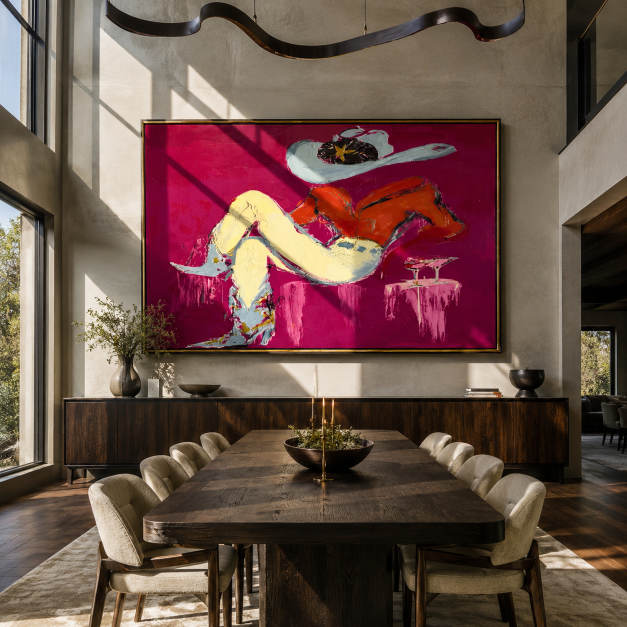 Red Shirt Dreams Sideways - reclining cowgirl painting by Ethan Mercer, contemporary Western horizontal wall art – styled room scene view 4