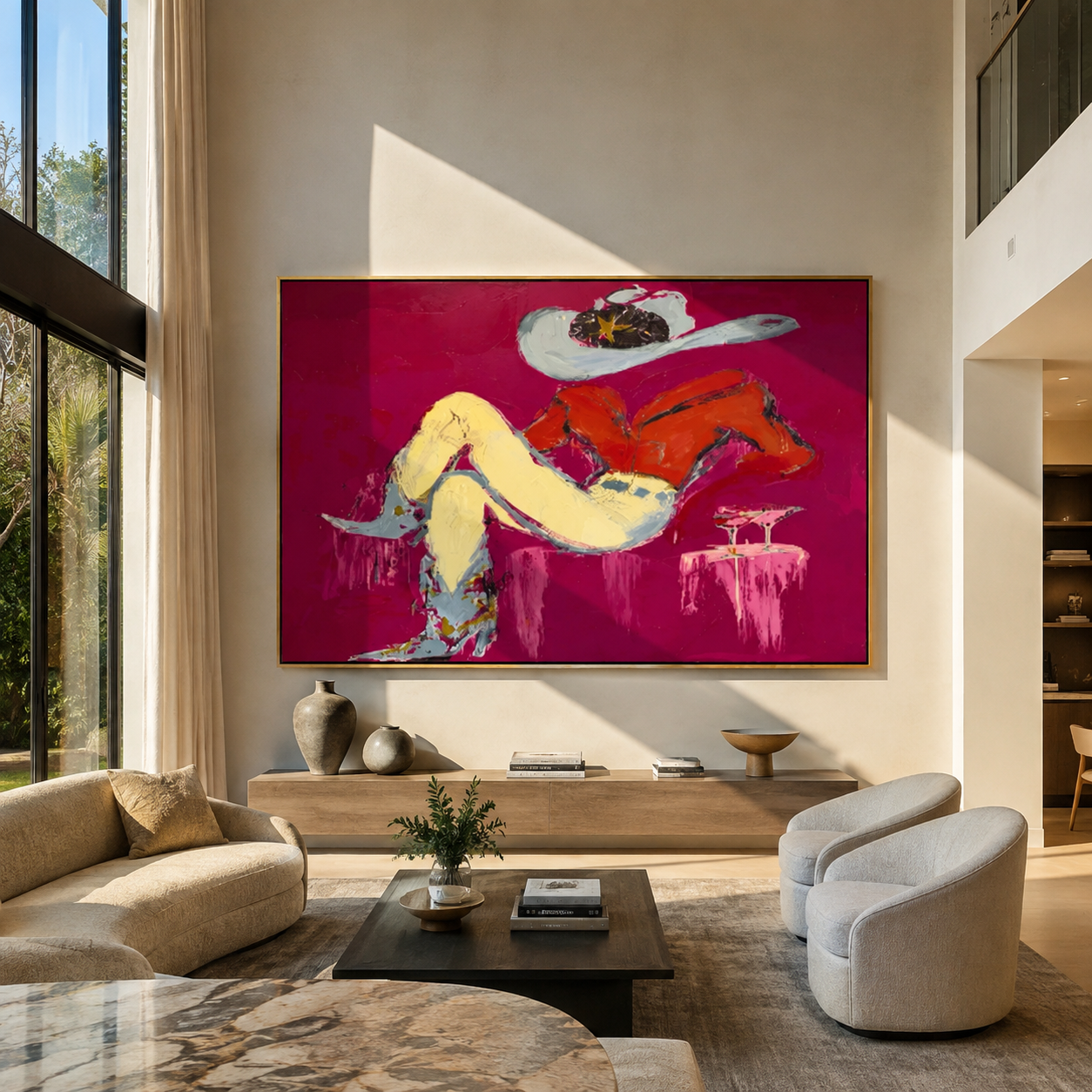 Red Shirt Dreams Sideways - reclining cowgirl painting by Ethan Mercer, contemporary Western horizontal wall art – styled room scene view 5