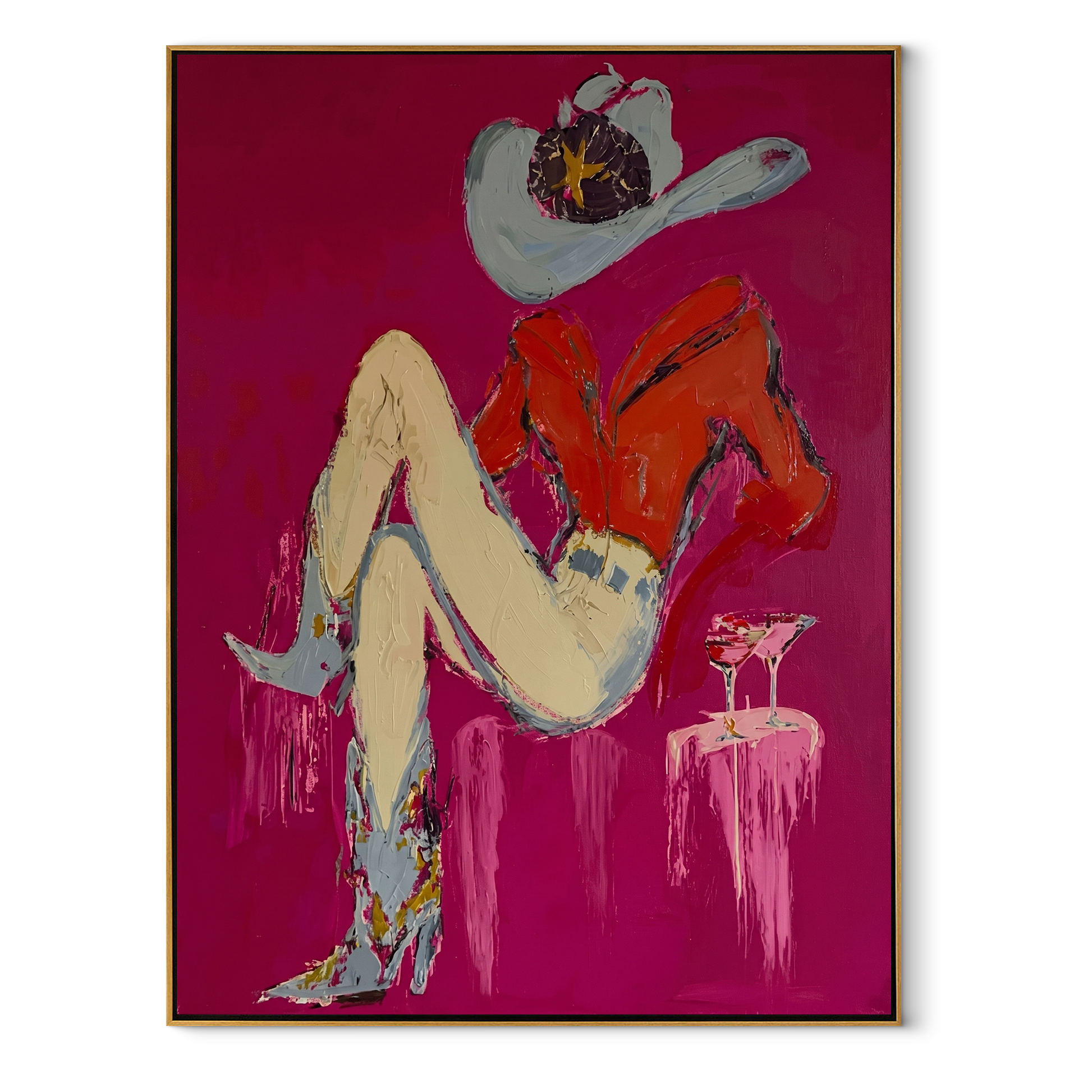 Scarlet Hat Guards Rest - reclining cowgirl painting by Ethan Mercer, contemporary Western vertical wall art – wood frame on white background