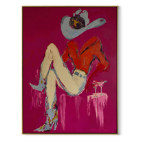 Scarlet Hat Guards Rest - reclining cowgirl painting by Ethan Mercer, contemporary Western vertical wall art – wood frame on white background
