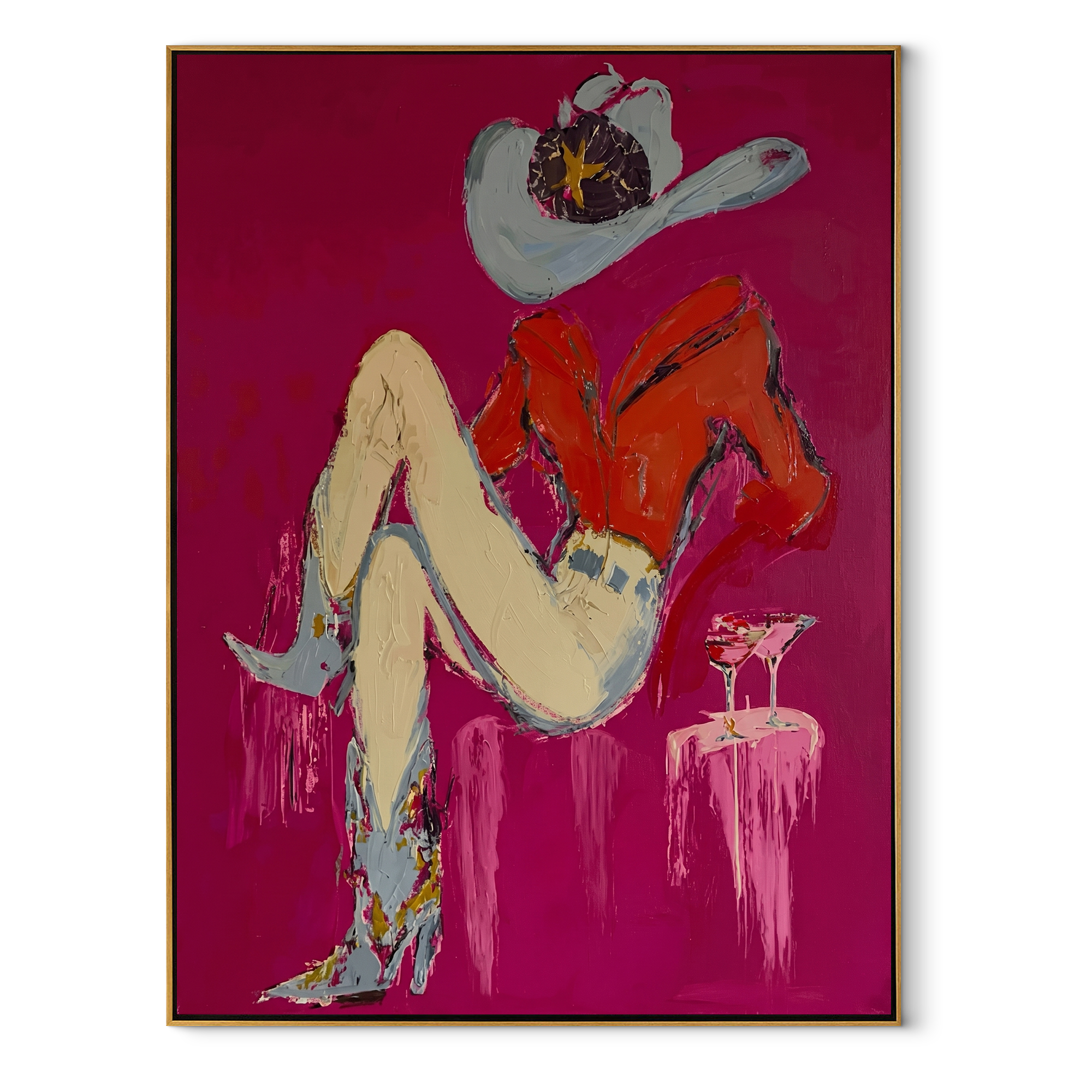 Scarlet Hat Guards Rest - reclining cowgirl painting by Ethan Mercer, contemporary Western vertical wall art – wood frame on white background