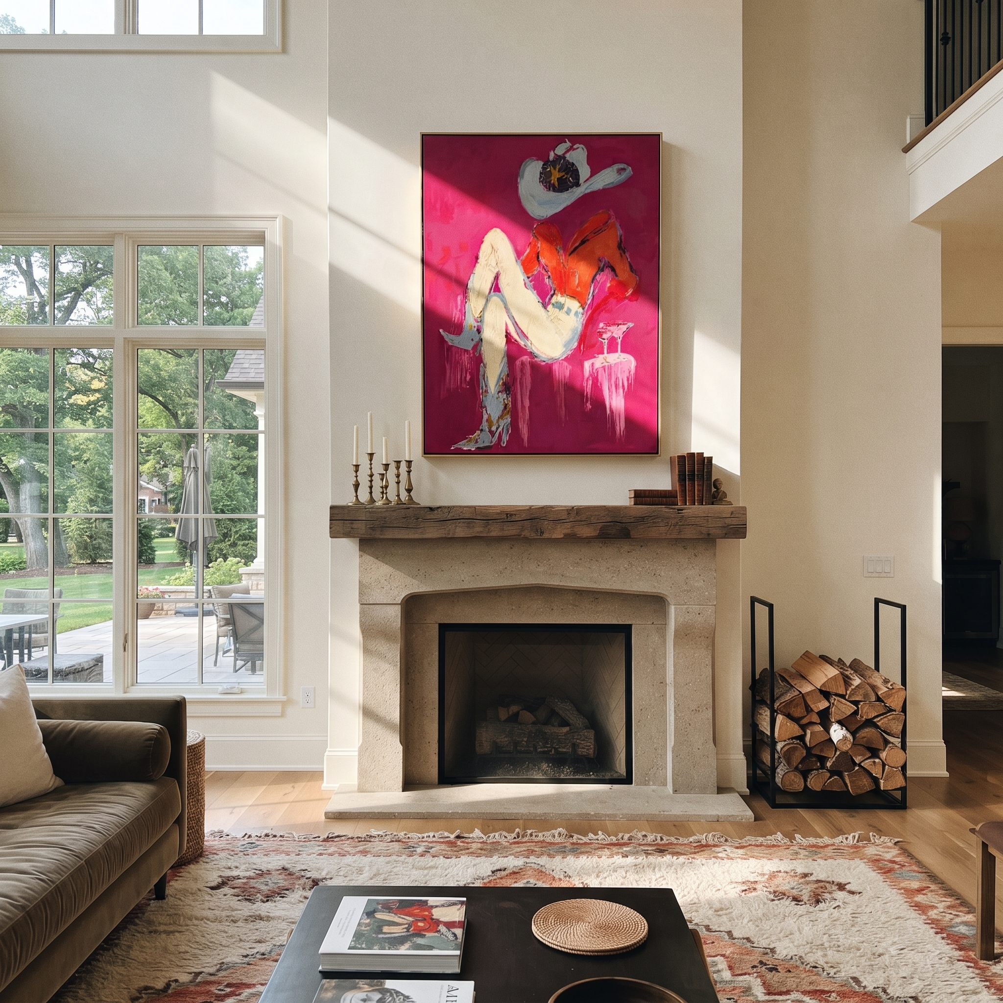 Scarlet Hat Guards Rest - reclining cowgirl painting by Ethan Mercer, contemporary Western vertical wall art – styled room scene view 2