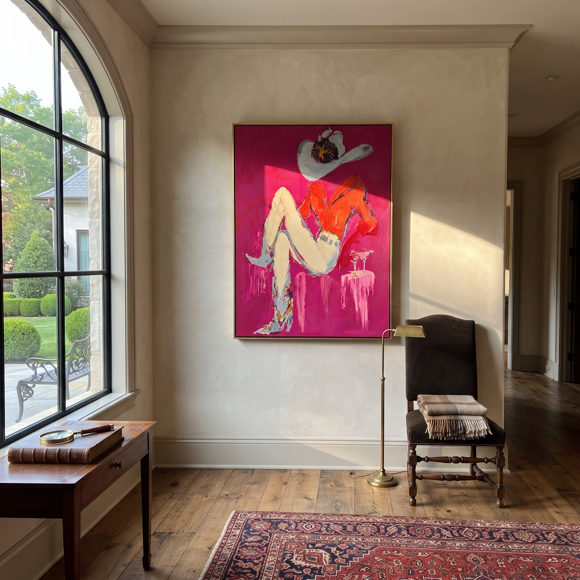 Scarlet Hat Guards Rest - reclining cowgirl painting by Ethan Mercer, contemporary Western vertical wall art – styled room scene view 3