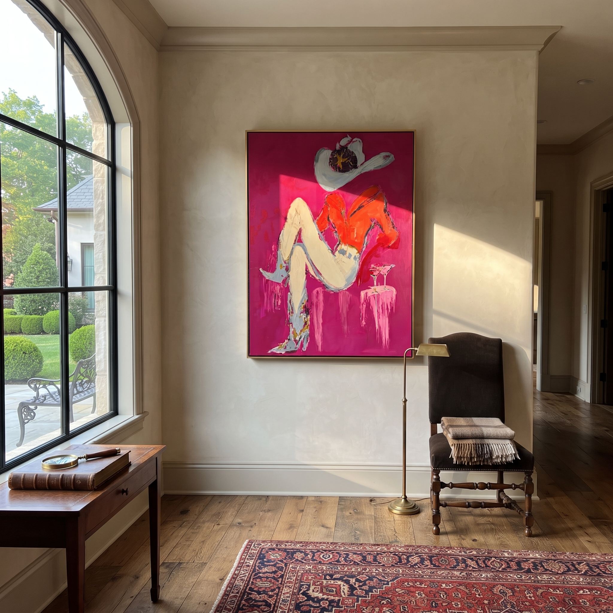 Scarlet Hat Guards Rest - reclining cowgirl painting by Ethan Mercer, contemporary Western vertical wall art – styled room scene view 3