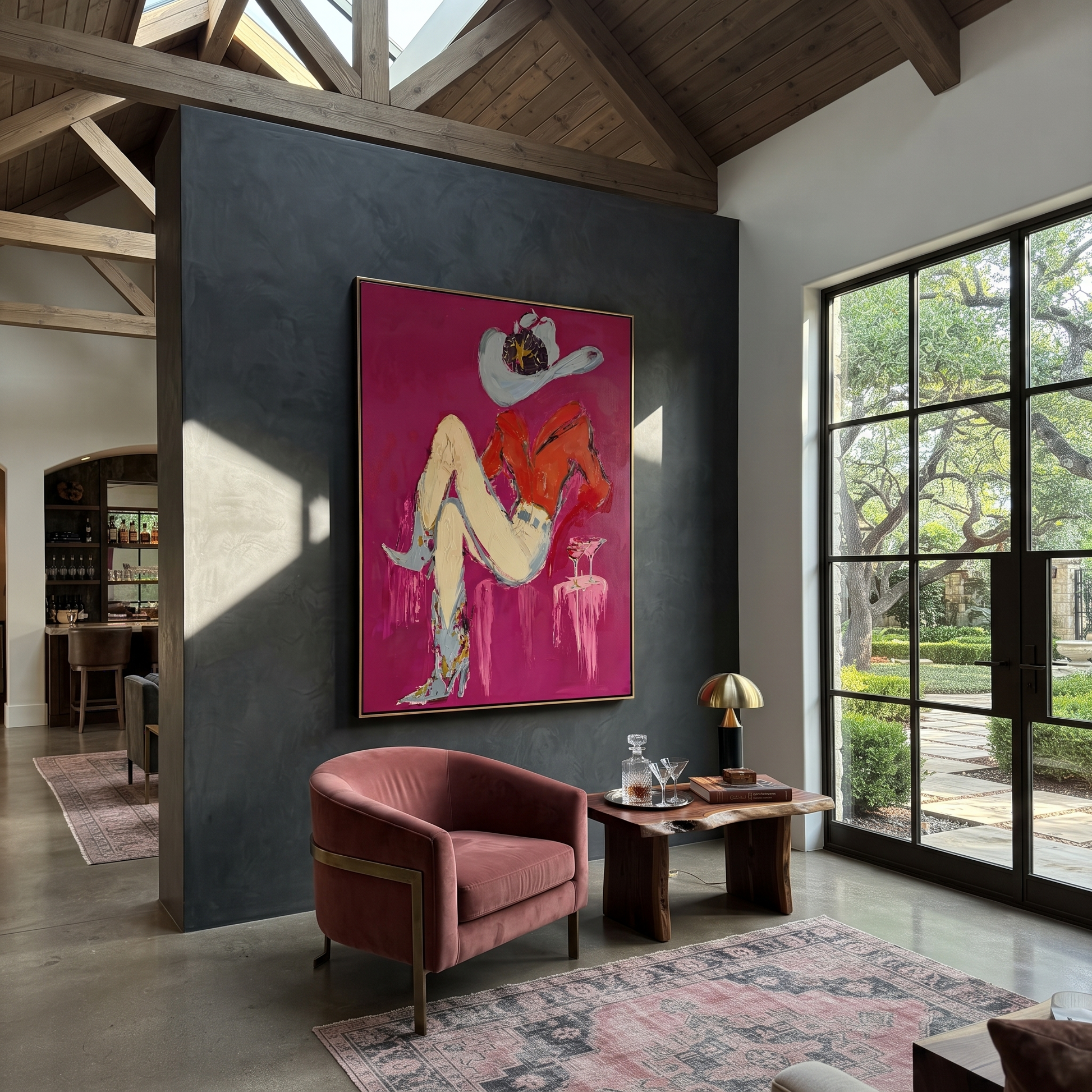 Scarlet Hat Guards Rest - reclining cowgirl painting by Ethan Mercer, contemporary Western vertical wall art – styled room scene view 4