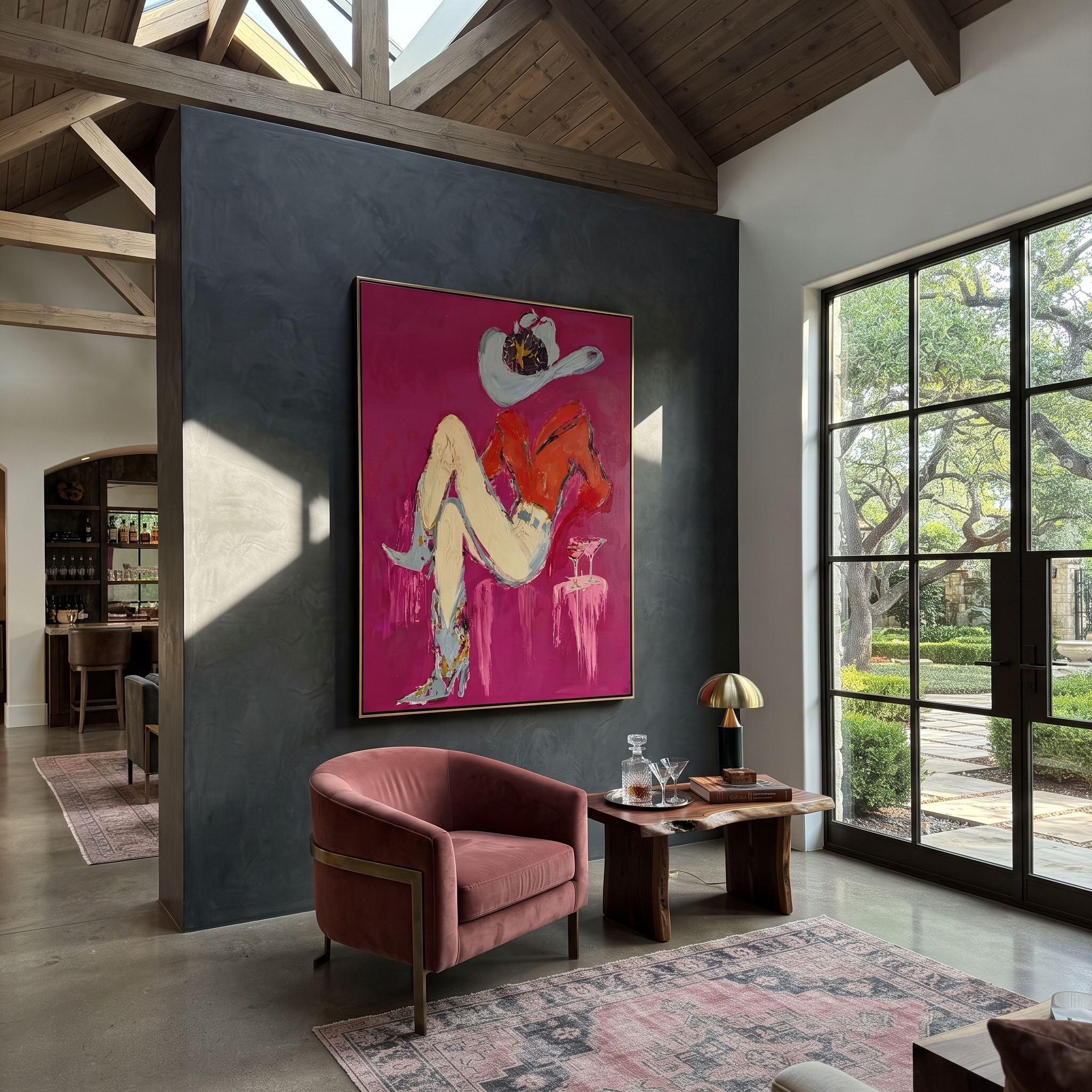 Scarlet Hat Guards Rest - reclining cowgirl painting by Ethan Mercer, contemporary Western vertical wall art – styled room scene view 4