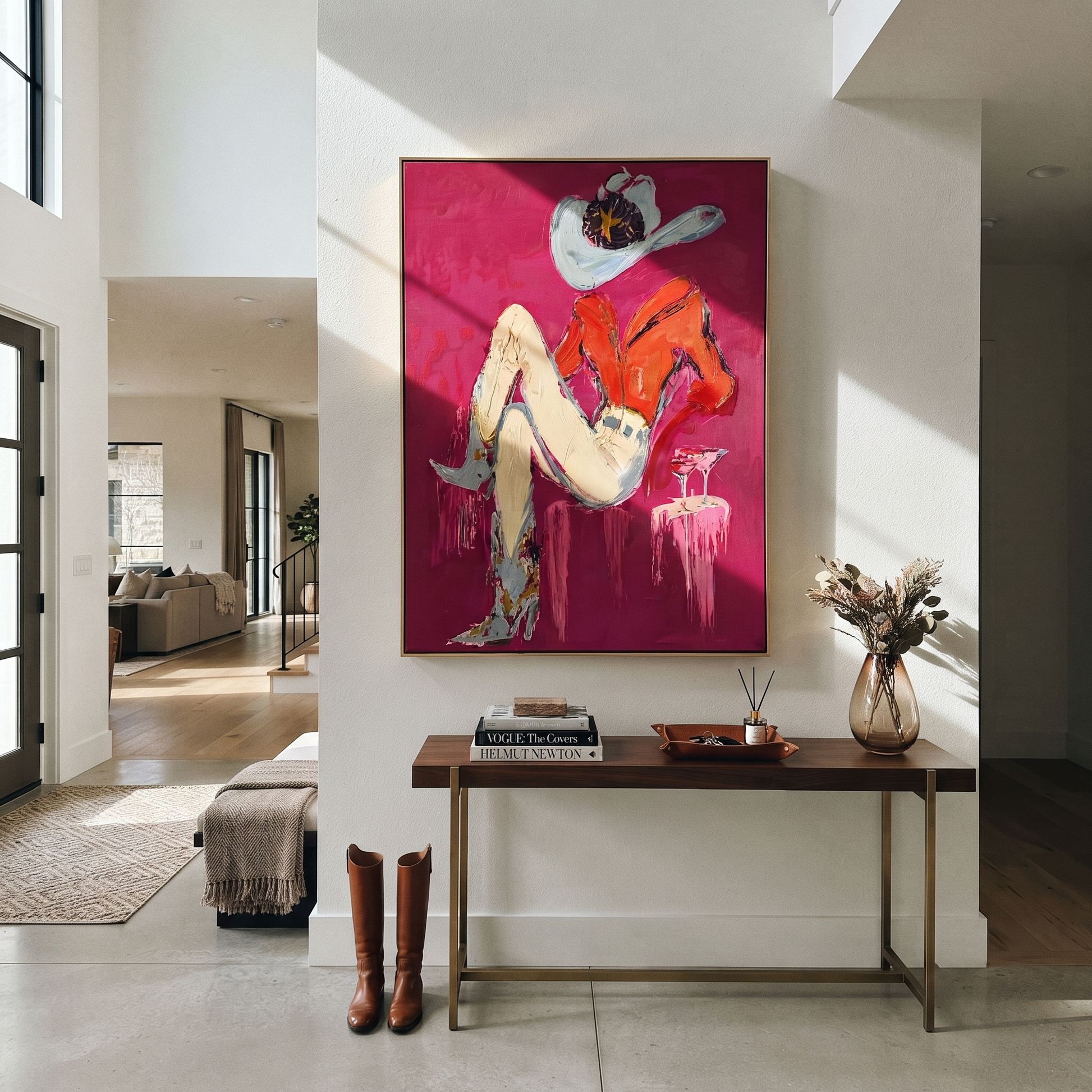 Scarlet Hat Guards Rest - reclining cowgirl painting by Ethan Mercer, contemporary Western vertical wall art – styled room scene view 5
