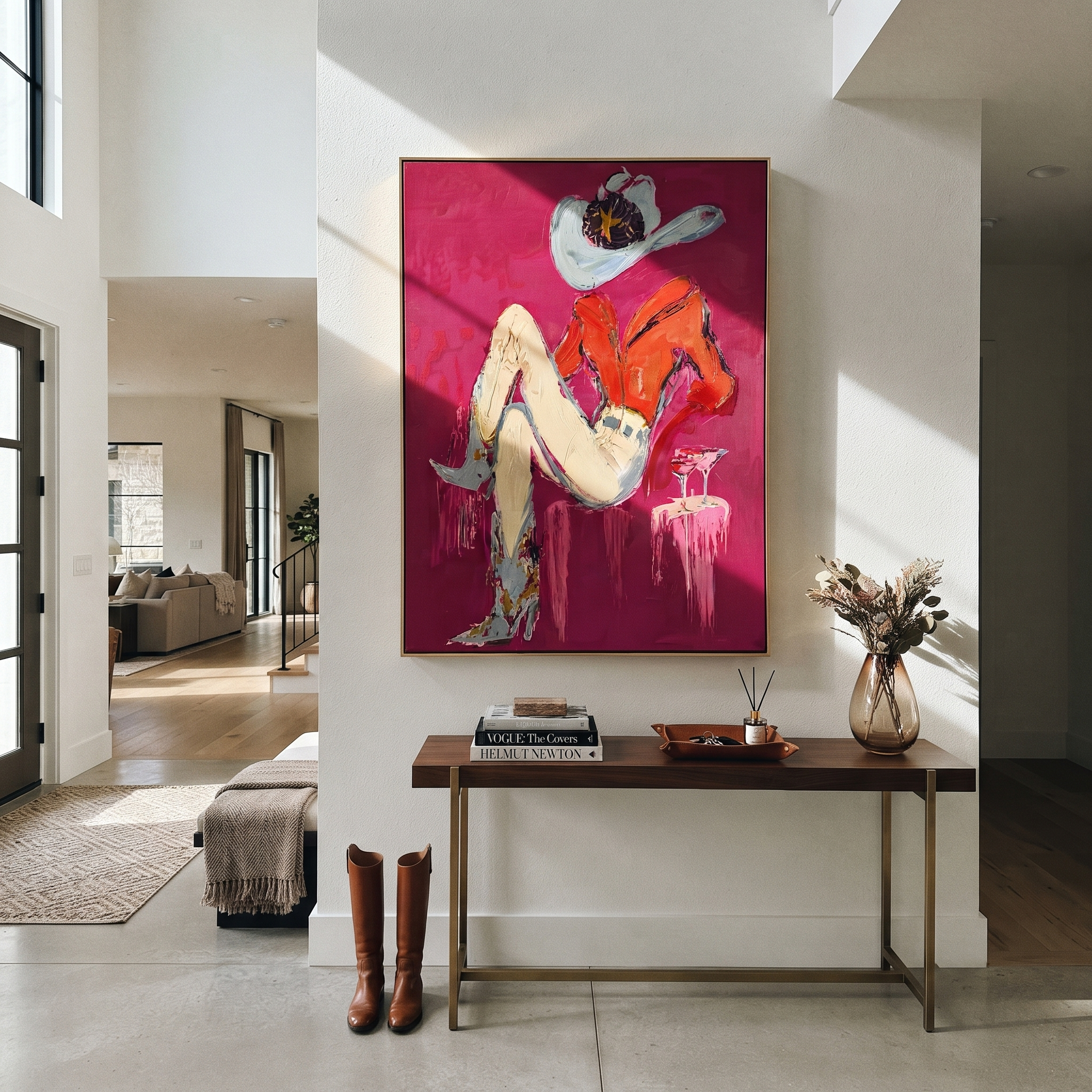 Scarlet Hat Guards Rest - reclining cowgirl painting by Ethan Mercer, contemporary Western vertical wall art – styled room scene view 5