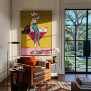 Teal Trousers Balance Gold - cowgirl martini glass painting by Ethan Mercer, contemporary Western vertical wall art – styled room scene view 1