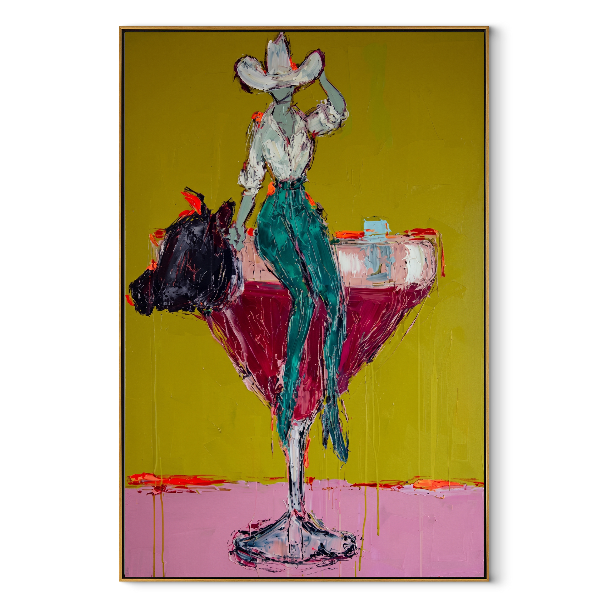Teal Trousers Balance Gold - cowgirl martini glass painting by Ethan Mercer, contemporary Western vertical wall art – wood frame on white background