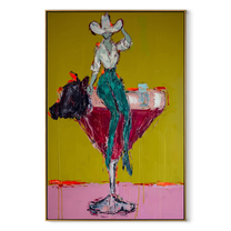 Teal Trousers Balance Gold - cowgirl martini glass painting by Ethan Mercer, contemporary Western vertical wall art – wood frame on white background