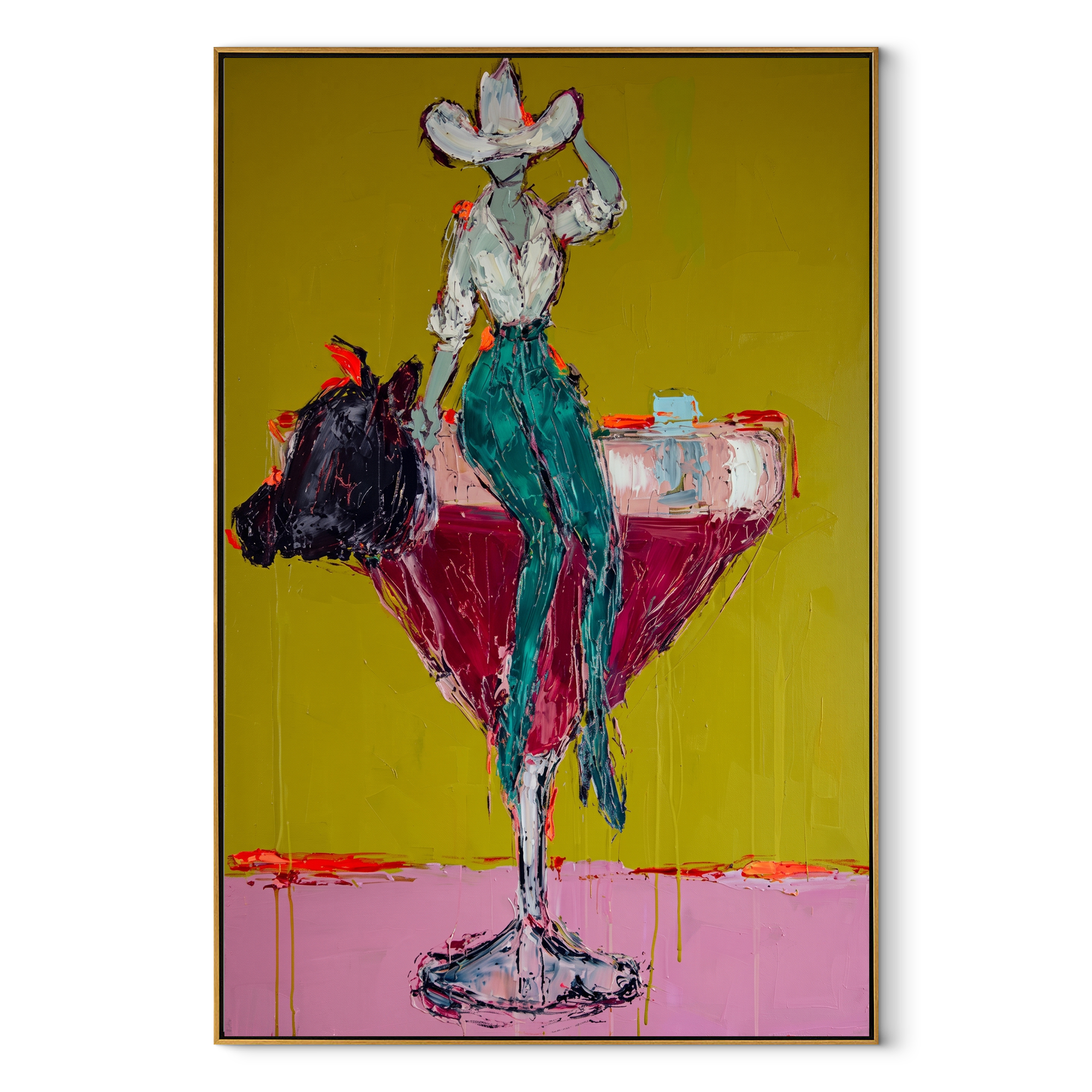Teal Trousers Balance Gold - cowgirl martini glass painting by Ethan Mercer, contemporary Western vertical wall art – wood frame on white background