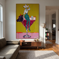 Teal Trousers Balance Gold - cowgirl martini glass painting by Ethan Mercer, contemporary Western vertical wall art – styled room scene view 2