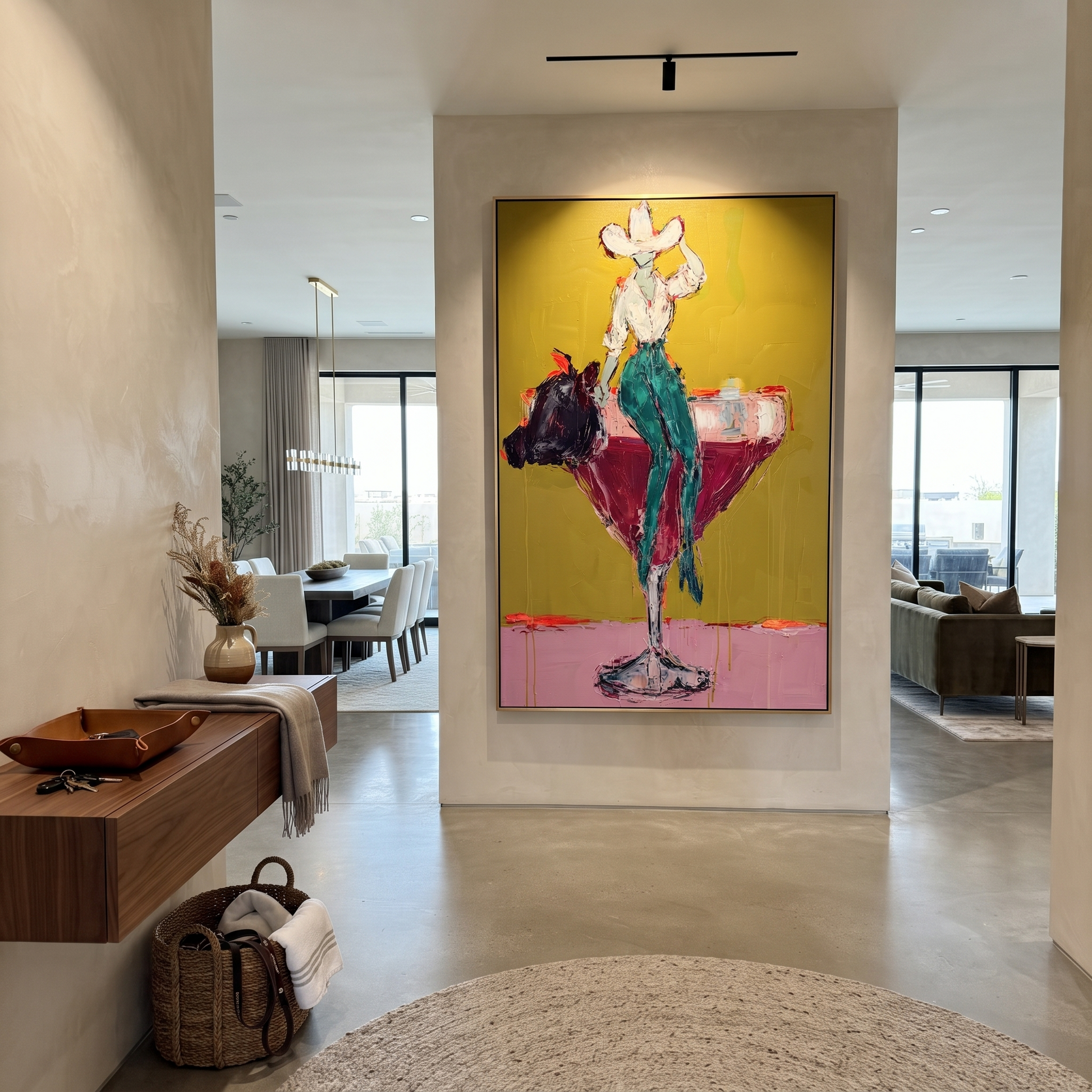 Teal Trousers Balance Gold - cowgirl martini glass painting by Ethan Mercer, contemporary Western vertical wall art – styled room scene view 3