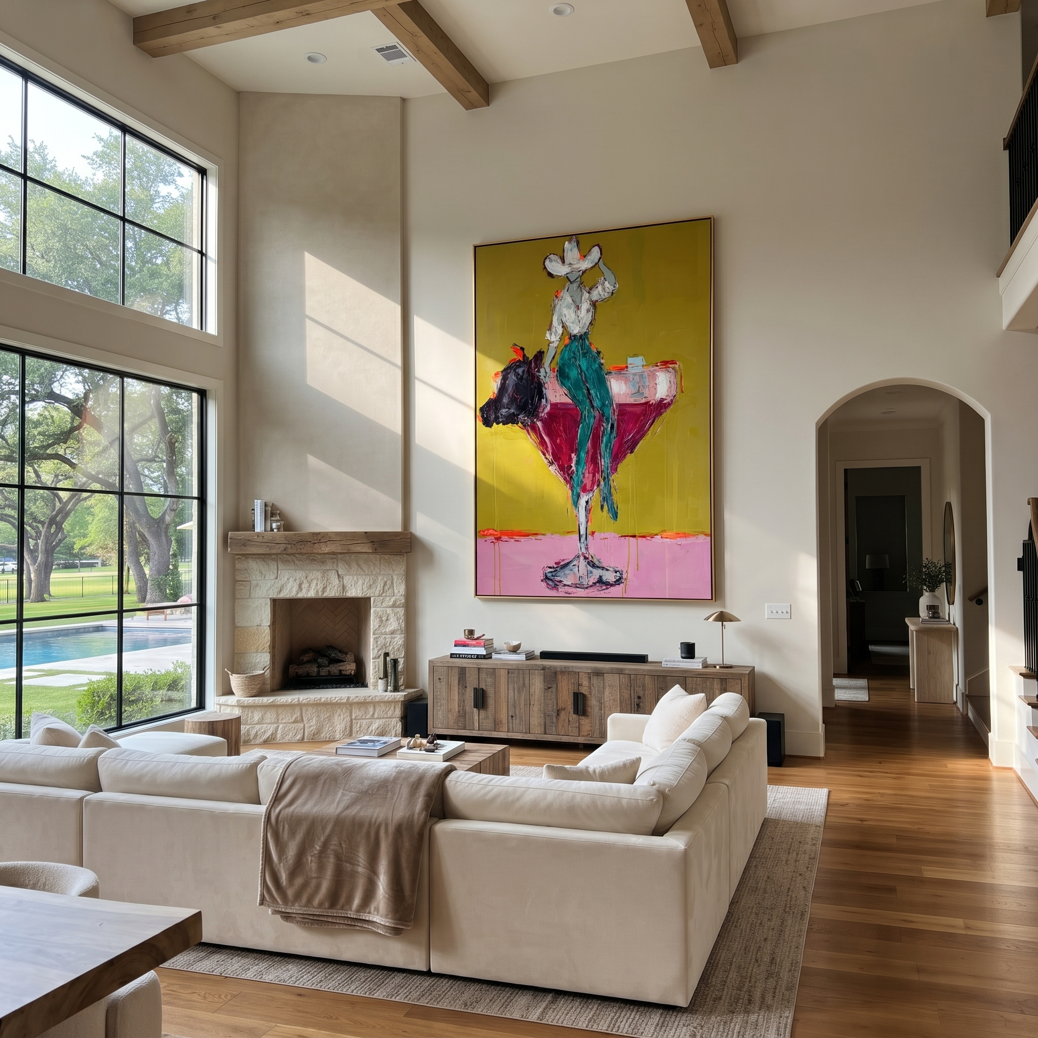 Teal Trousers Balance Gold - cowgirl martini glass painting by Ethan Mercer, contemporary Western vertical wall art – styled room scene view 4
