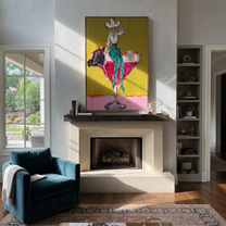 Teal Trousers Balance Gold - cowgirl martini glass painting by Ethan Mercer, contemporary Western vertical wall art – styled room scene view 5