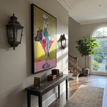 Teal Trousers Balance Gold - cowgirl martini glass painting by Ethan Mercer, contemporary Western vertical wall art – styled room scene view 6