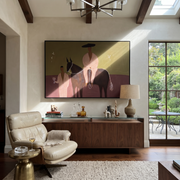 Two Figures Share Reins - horse and two figures painting by Ethan Mercer, contemporary Western horizontal wall art – styled room scene view 1