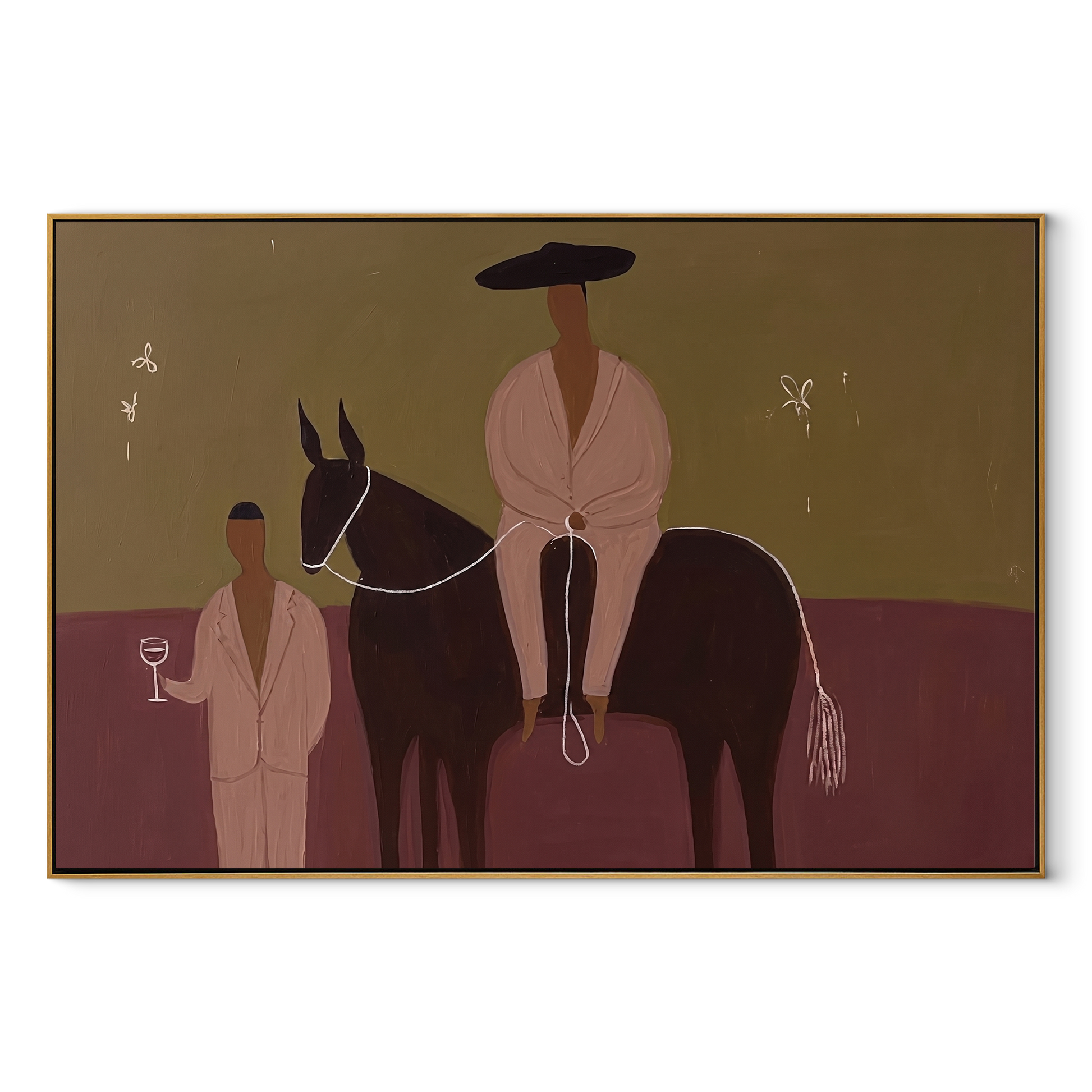 Two Figures Share Reins - horse and two figures painting by Ethan Mercer, contemporary Western horizontal wall art – wood frame on white background