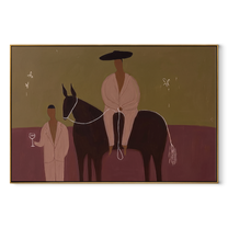 Two Figures Share Reins - horse and two figures painting by Ethan Mercer, contemporary Western horizontal wall art – wood frame on white background