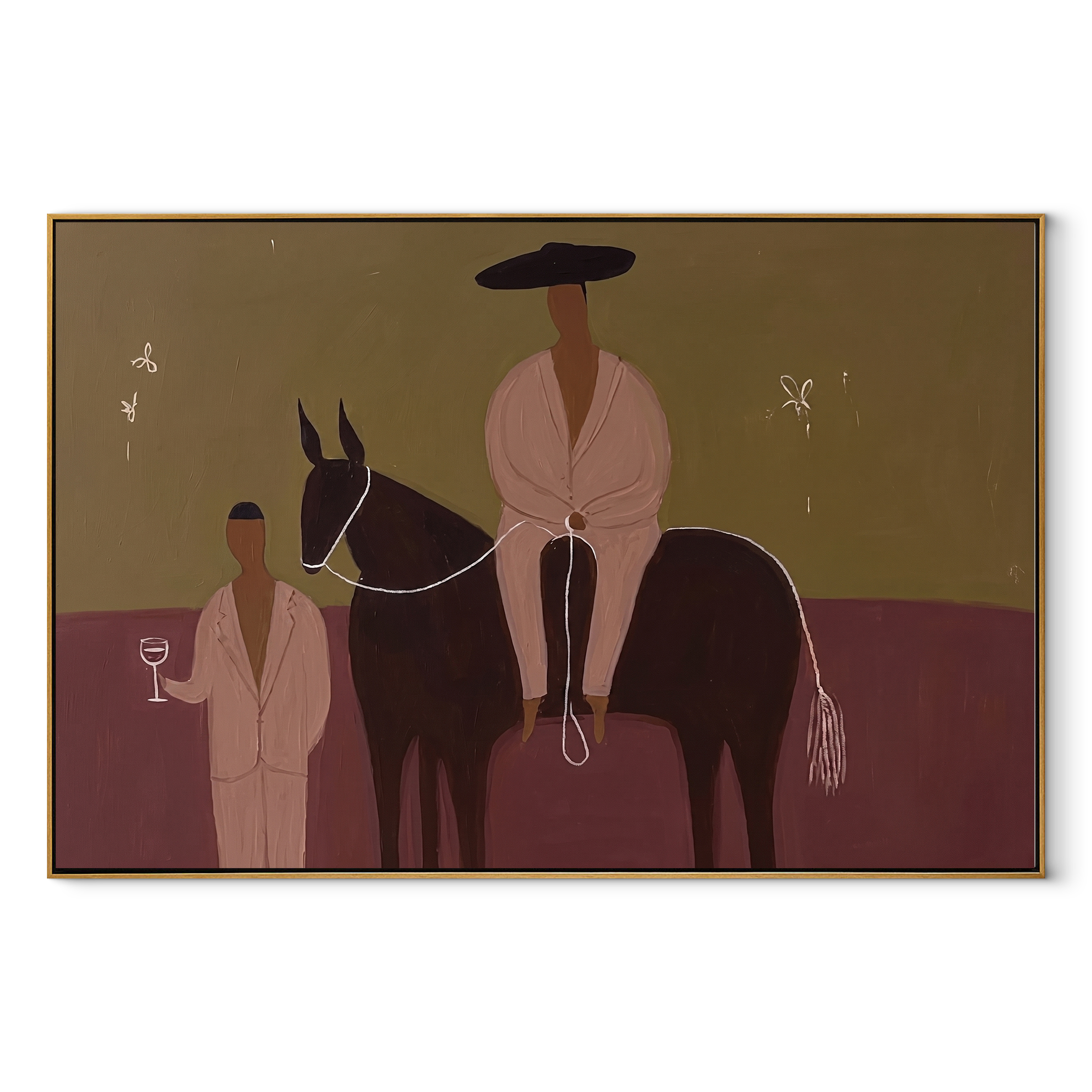 Two Figures Share Reins - horse and two figures painting by Ethan Mercer, contemporary Western horizontal wall art – wood frame on white background