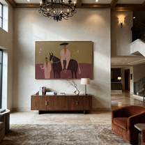 Two Figures Share Reins - horse and two figures painting by Ethan Mercer, contemporary Western horizontal wall art – styled room scene view 2