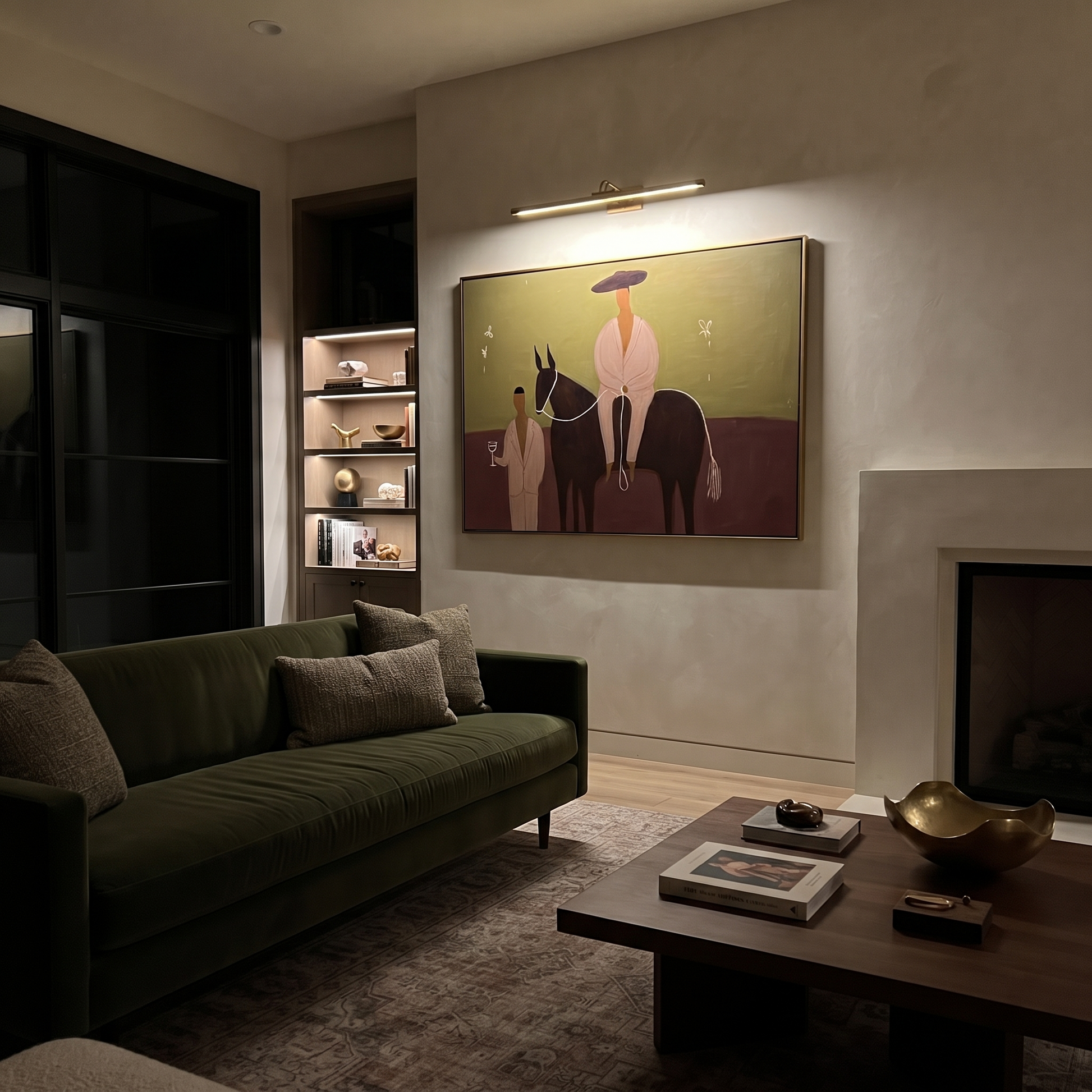 Two Figures Share Reins - horse and two figures painting by Ethan Mercer, contemporary Western horizontal wall art – styled room scene view 3