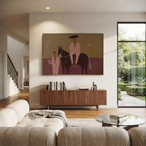 Two Figures Share Reins - horse and two figures painting by Ethan Mercer, contemporary Western horizontal wall art – styled room scene view 4