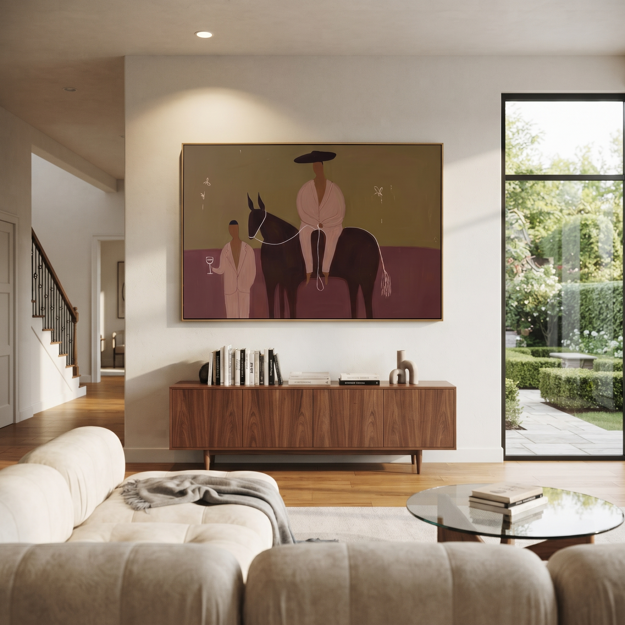 Two Figures Share Reins - horse and two figures painting by Ethan Mercer, contemporary Western horizontal wall art – styled room scene view 4