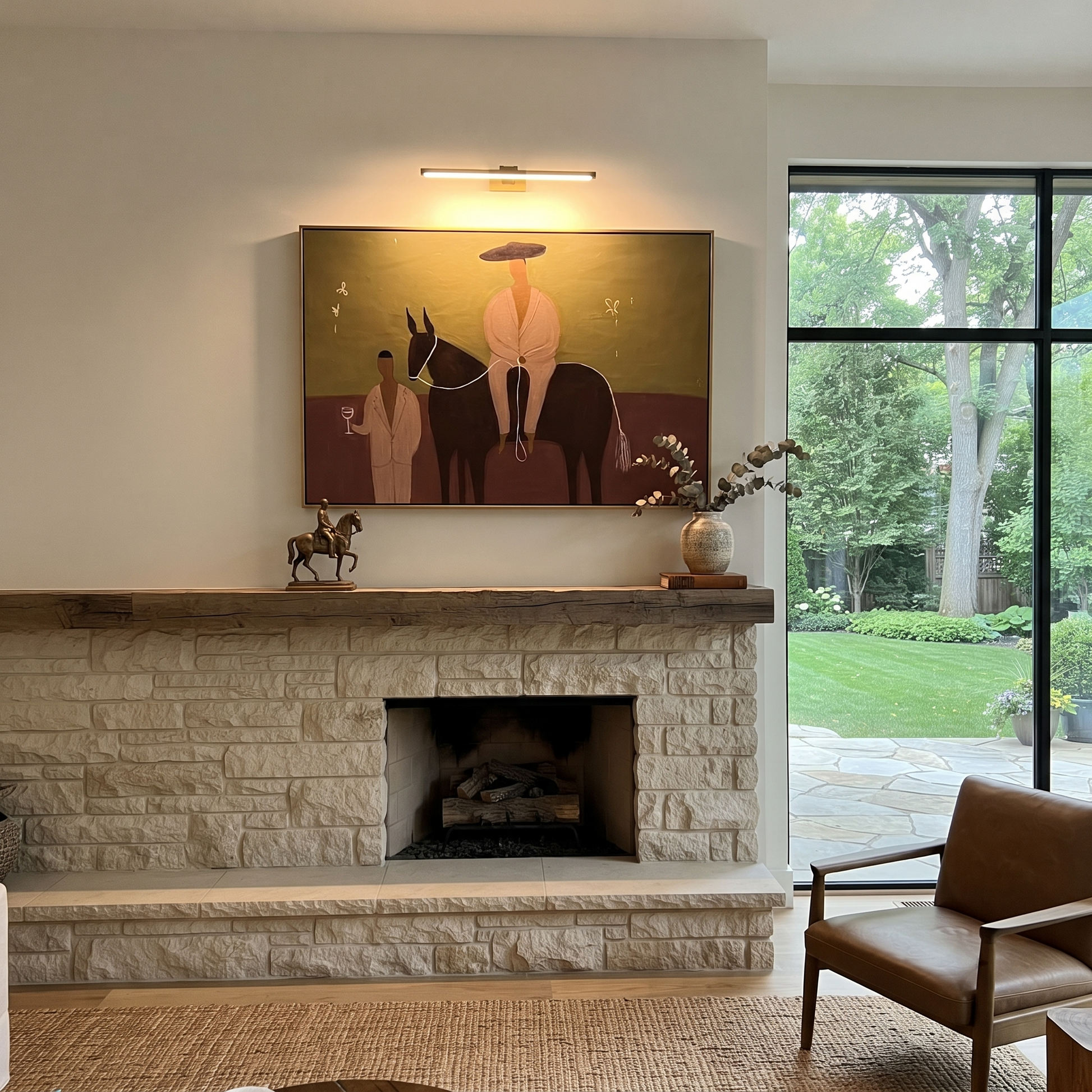 Two Figures Share Reins - horse and two figures painting by Ethan Mercer, contemporary Western horizontal wall art – styled room scene view 5
