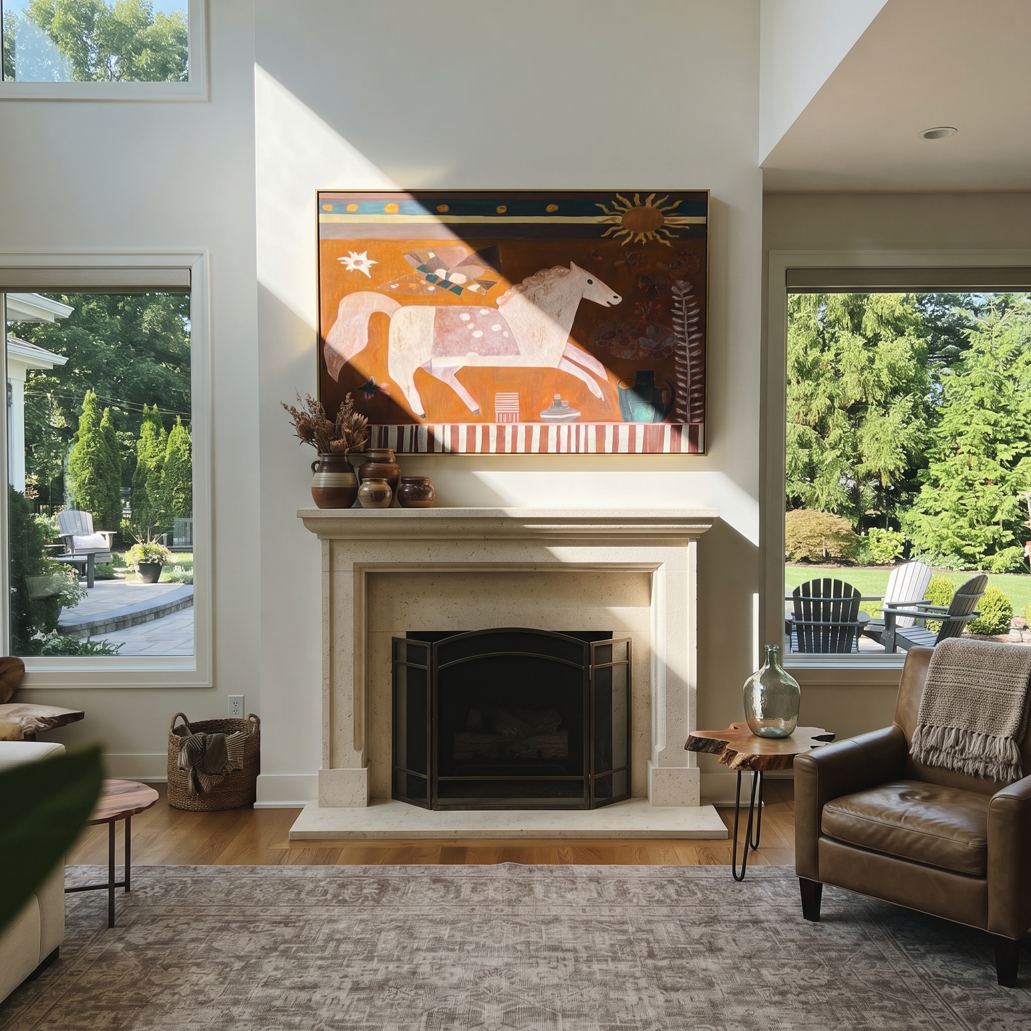 Pale Horse Runs Sunward - white horse folk painting by Ethan Mercer, contemporary Western horizontal wall art – styled room scene view 1
