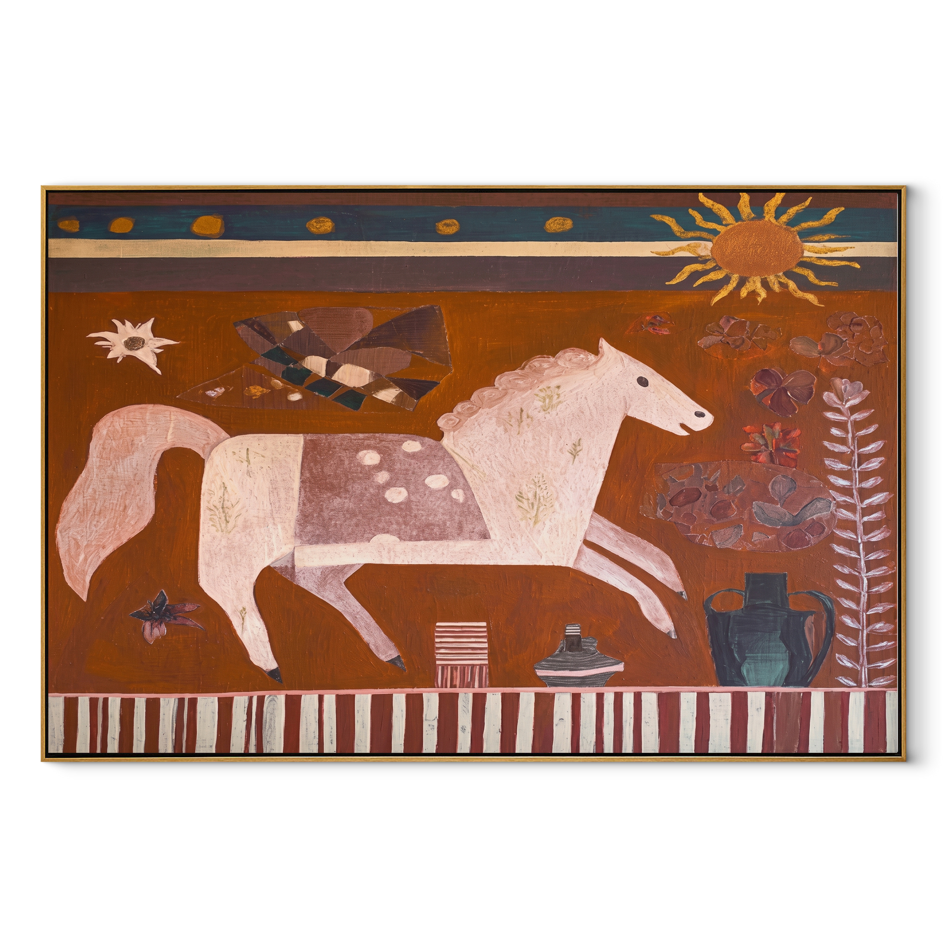 Pale Horse Runs Sunward - white horse folk painting by Ethan Mercer, contemporary Western horizontal wall art – wood frame on white background