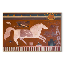 Pale Horse Runs Sunward - white horse folk painting by Ethan Mercer, contemporary Western horizontal wall art – wood frame on white background
