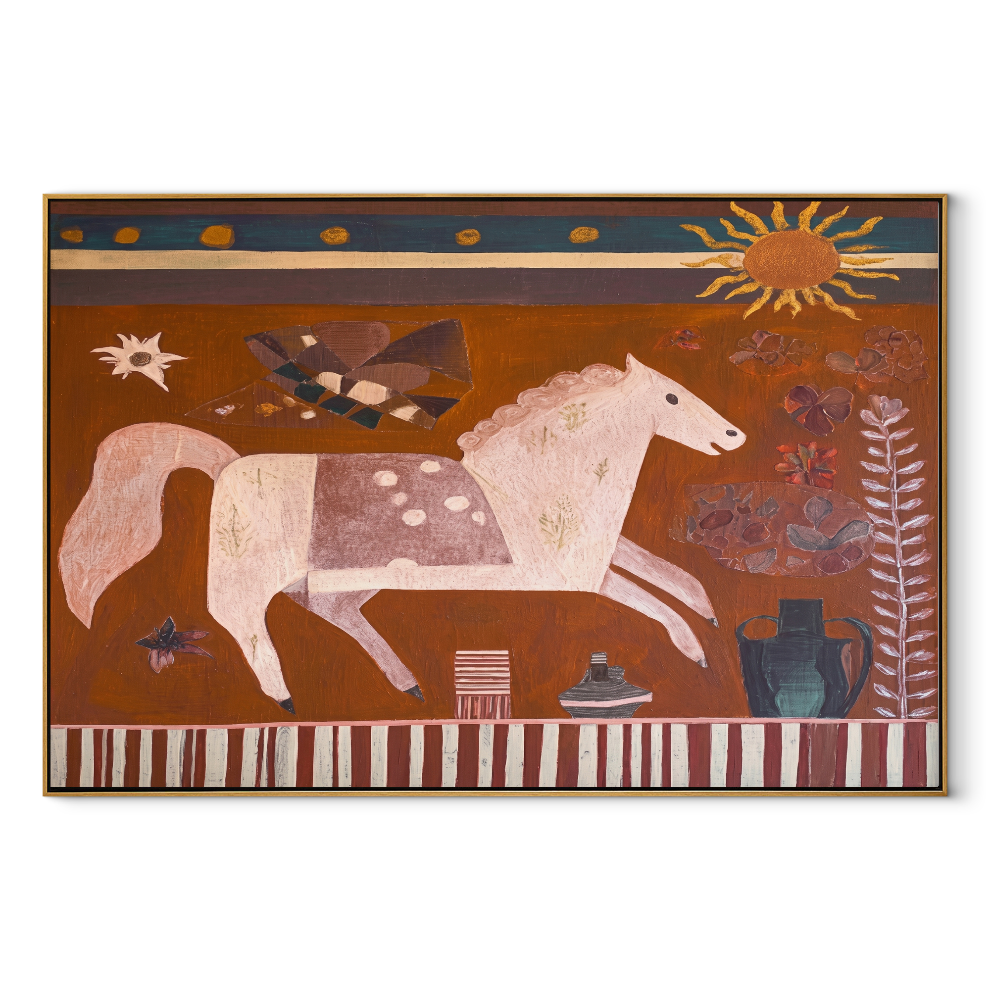 Pale Horse Runs Sunward - white horse folk painting by Ethan Mercer, contemporary Western horizontal wall art – wood frame on white background