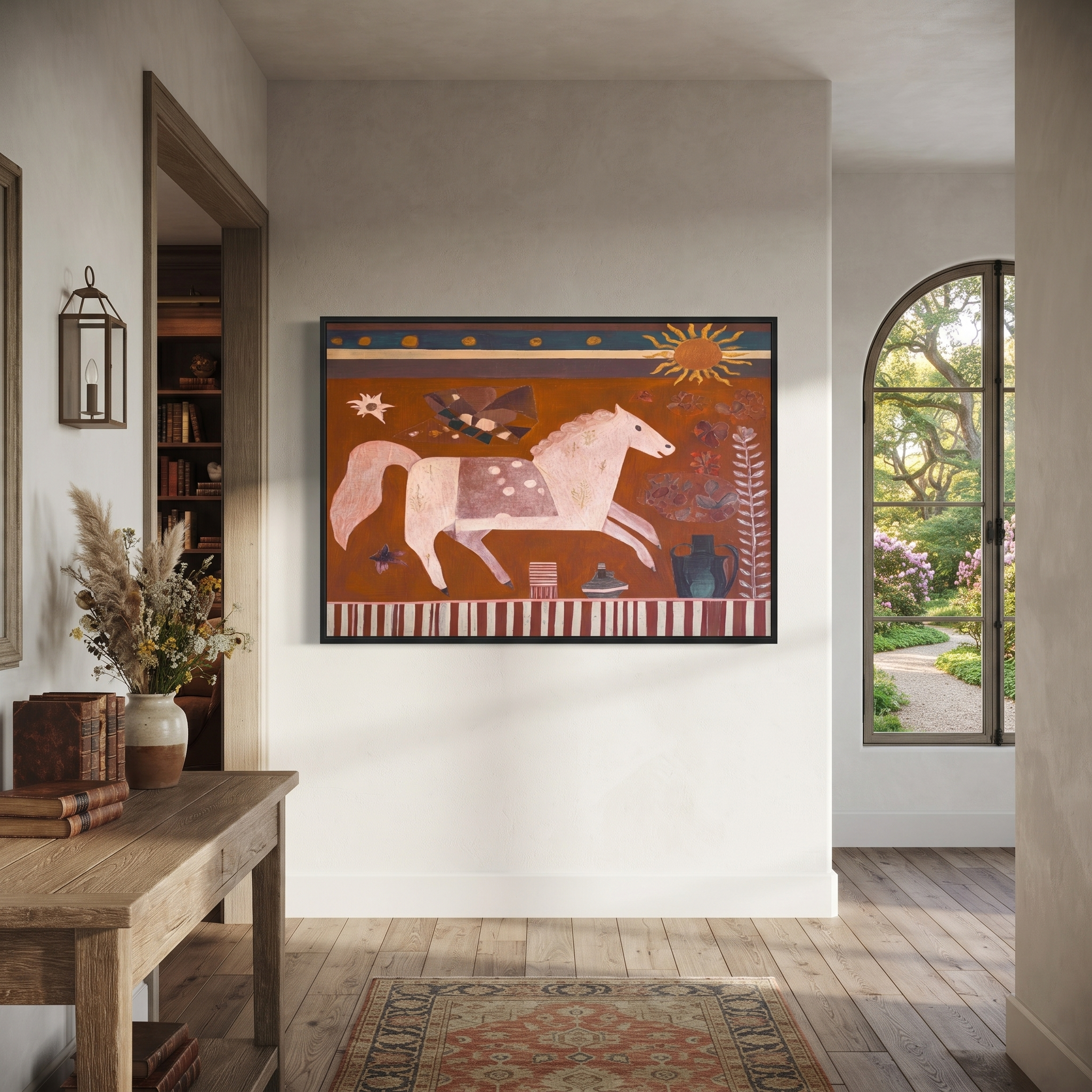 Pale Horse Runs Sunward - white horse folk painting by Ethan Mercer, contemporary Western horizontal wall art – styled room scene view 2