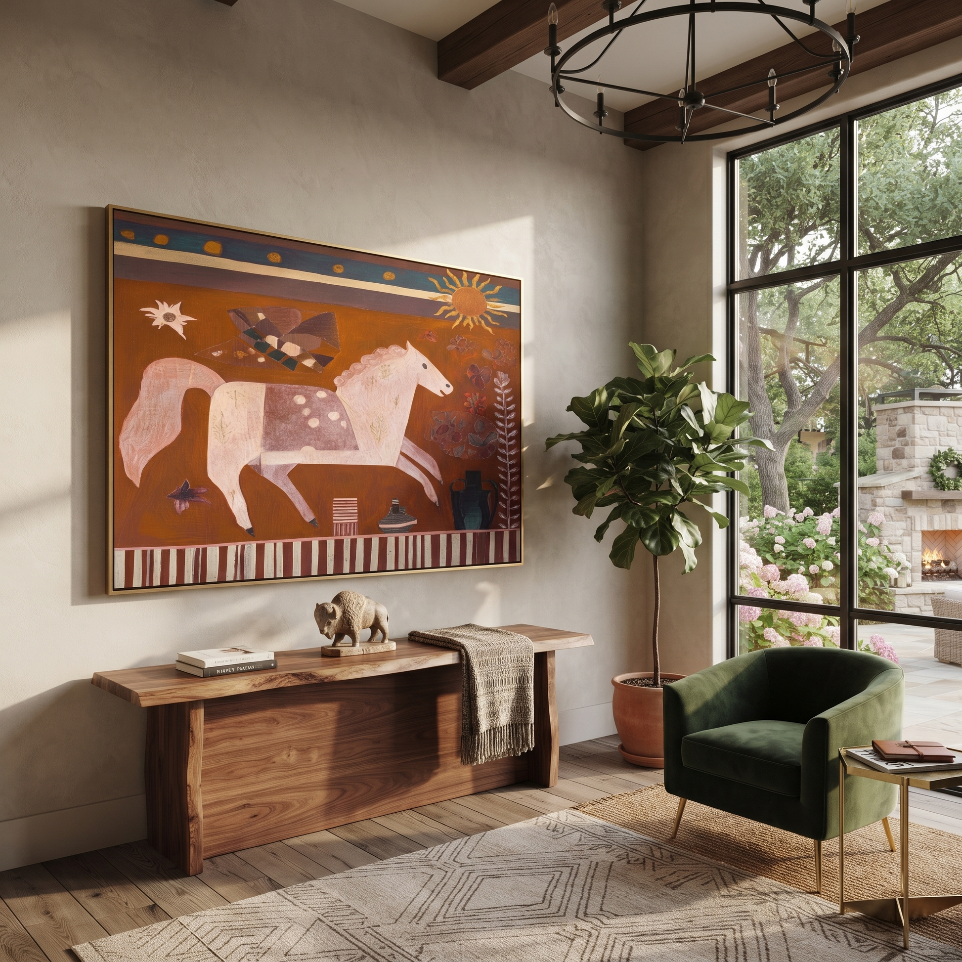 Pale Horse Runs Sunward - white horse folk painting by Ethan Mercer, contemporary Western horizontal wall art – styled room scene view 3