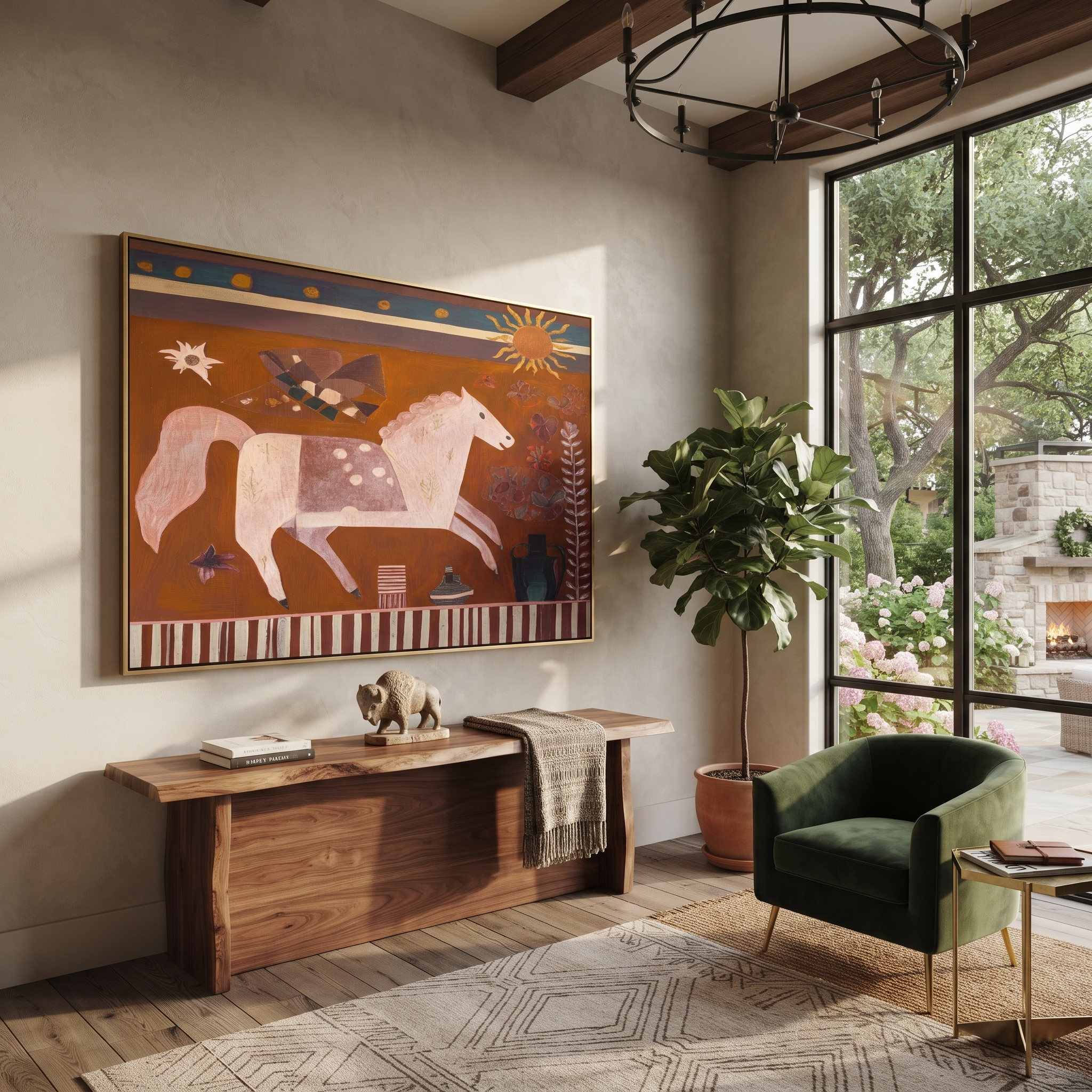 Pale Horse Runs Sunward - white horse folk painting by Ethan Mercer, contemporary Western horizontal wall art – styled room scene view 3
