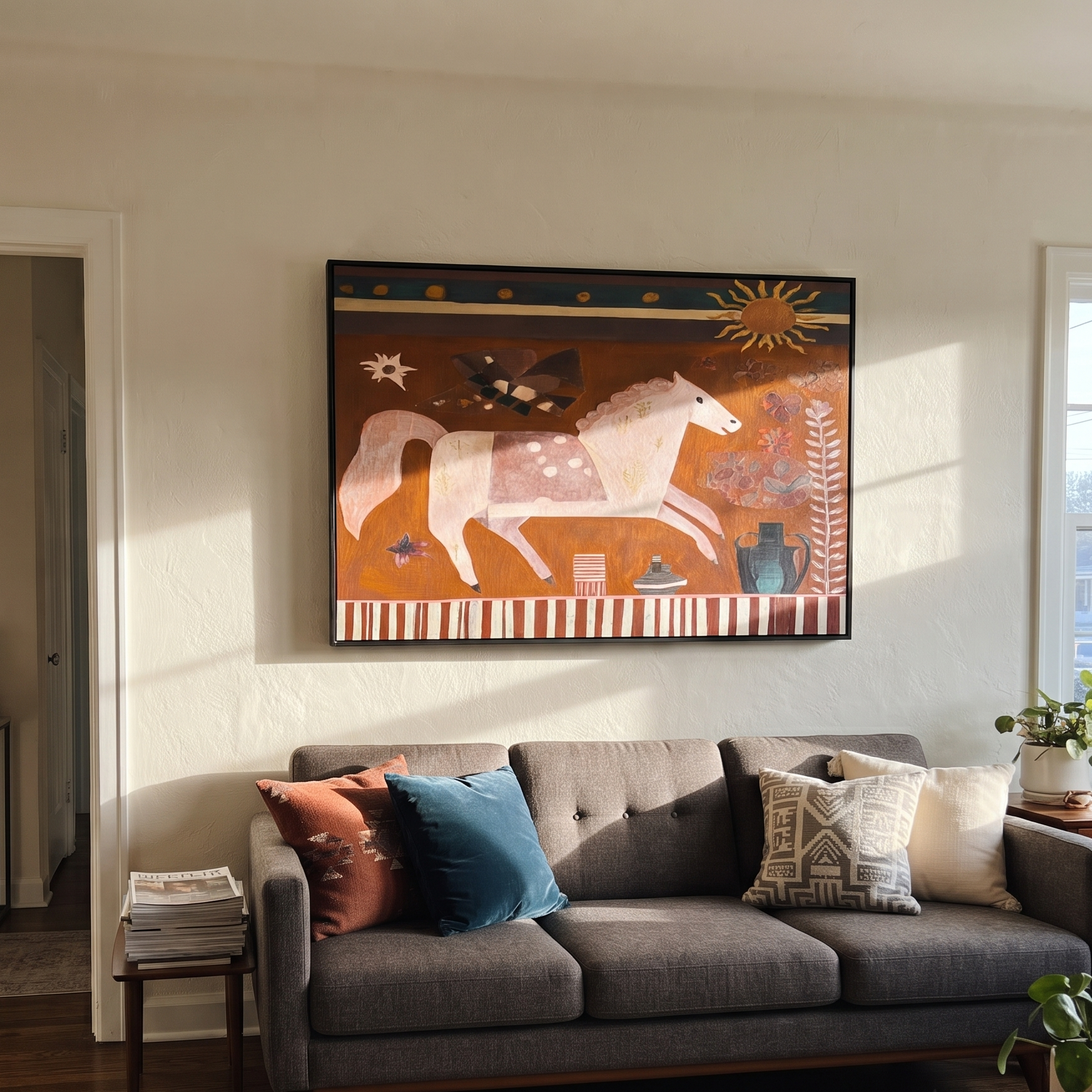 Pale Horse Runs Sunward - white horse folk painting by Ethan Mercer, contemporary Western horizontal wall art – styled room scene view 4