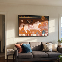 Pale Horse Runs Sunward - white horse folk painting by Ethan Mercer, contemporary Western horizontal wall art – styled room scene view 4